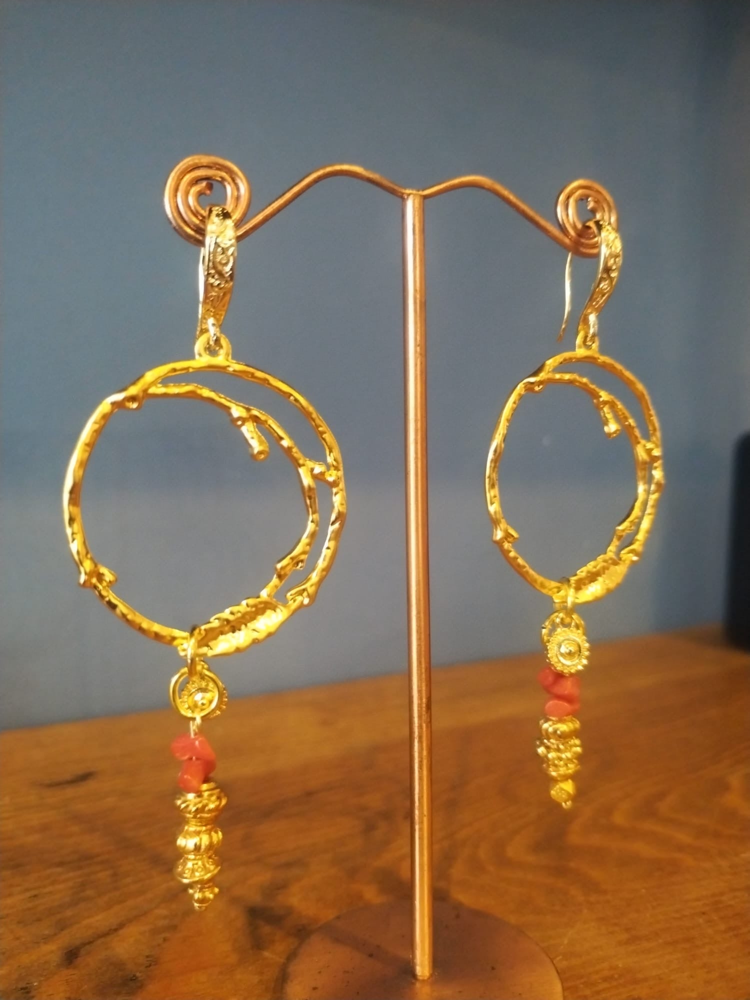 Irregular Gold Hoop Earrings with Coral Stones Handmade in Bristol