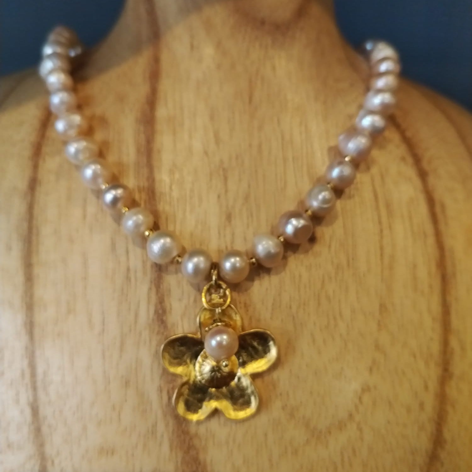 Champagne Freshwater Pearl Necklace with Gold Flower Charms