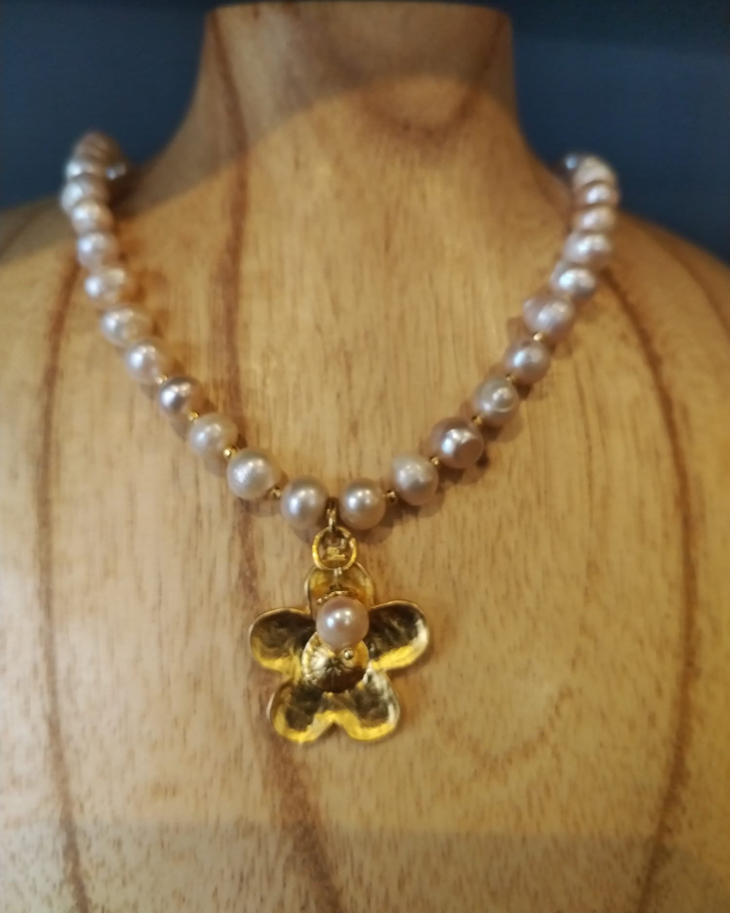 Champagne Freshwater Pearl Necklace with Gold Flower Charms