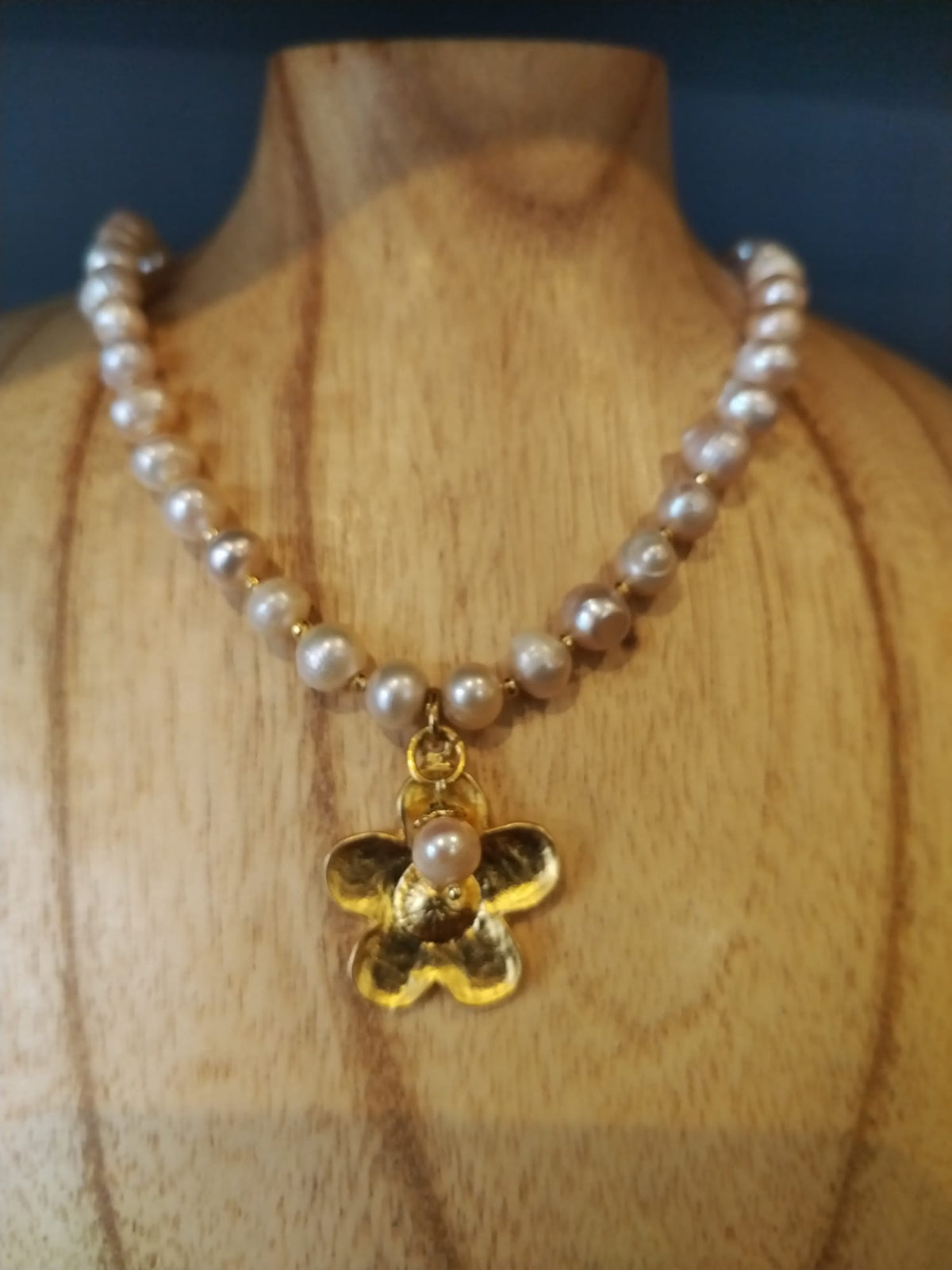 Champagne Freshwater Pearl Necklace with Gold Flower Charms