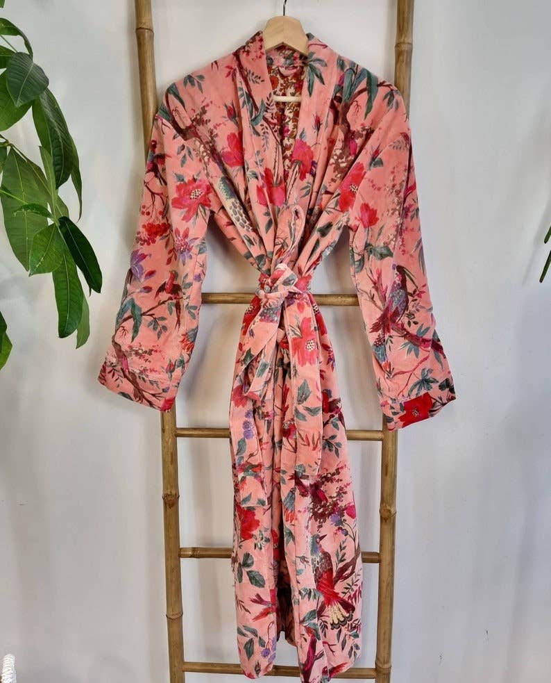 Luxury Velvet Robe - Soft Peach Birds Paradise Exotic Love