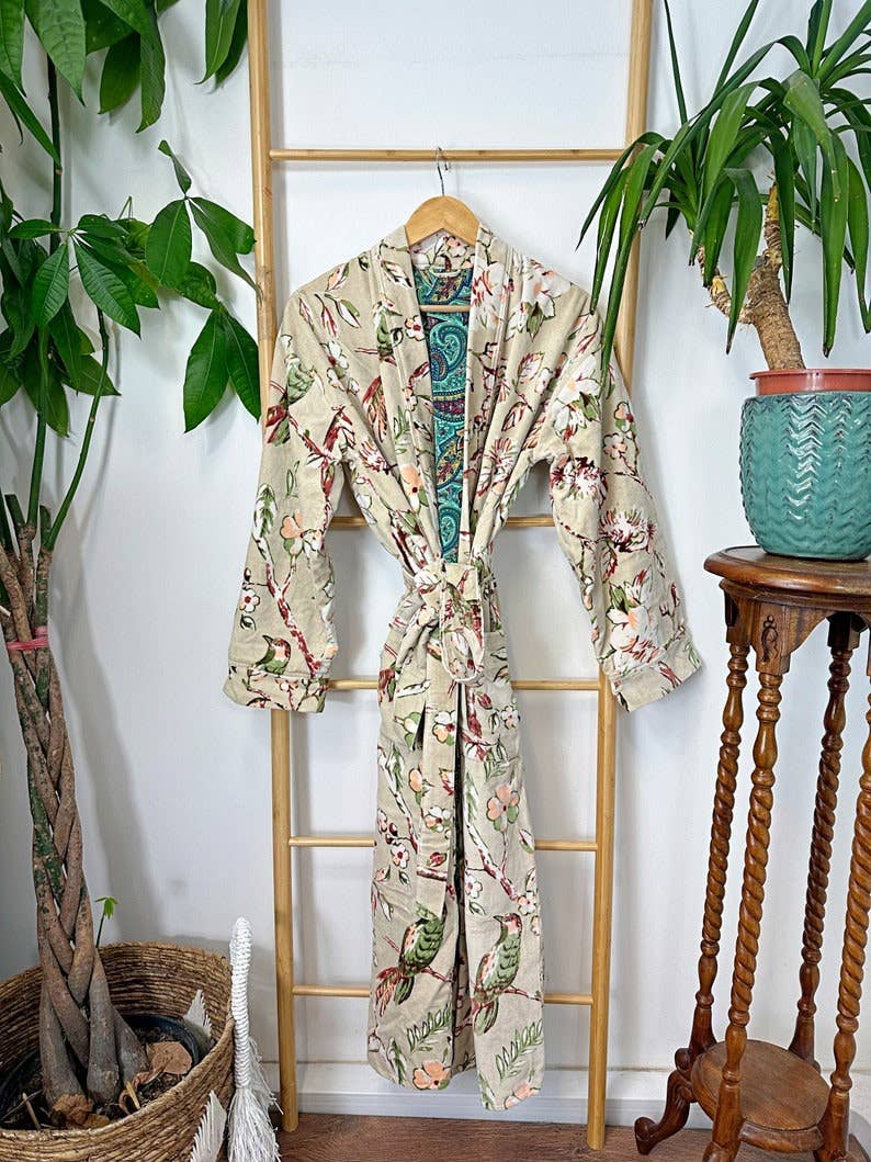 Luxury Velvet  Robe - Elegant Powder Beige Rust Olive