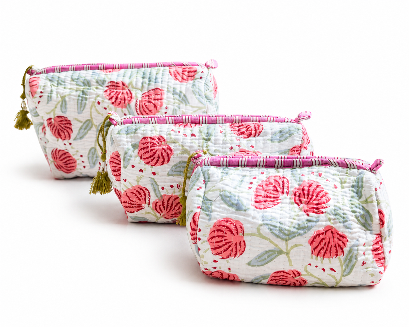 Quilted Cotton Wash Bags, Set of Three with Peach Floral Print