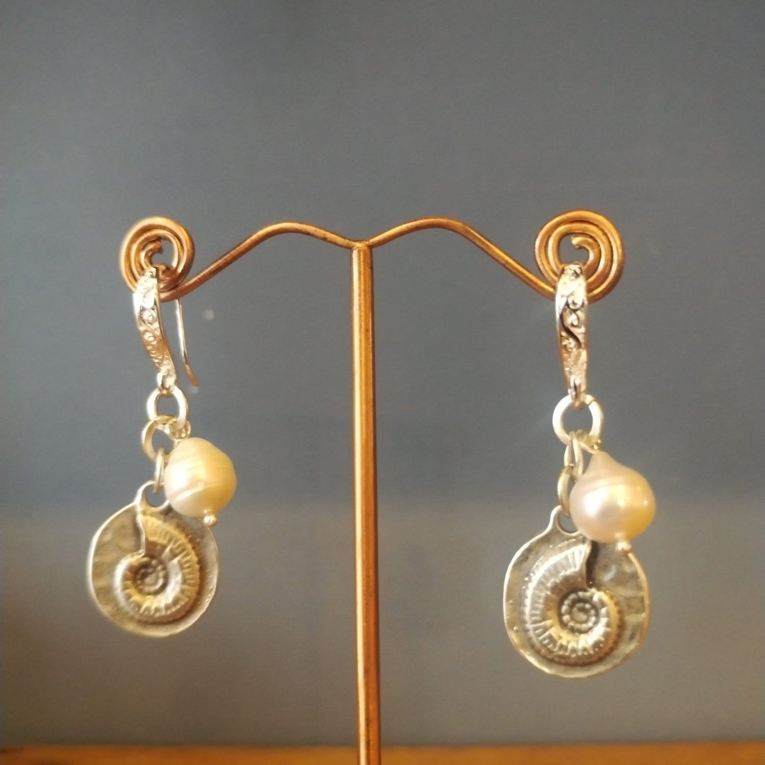 Pearl and Silver Earrings with Ammonite Charm