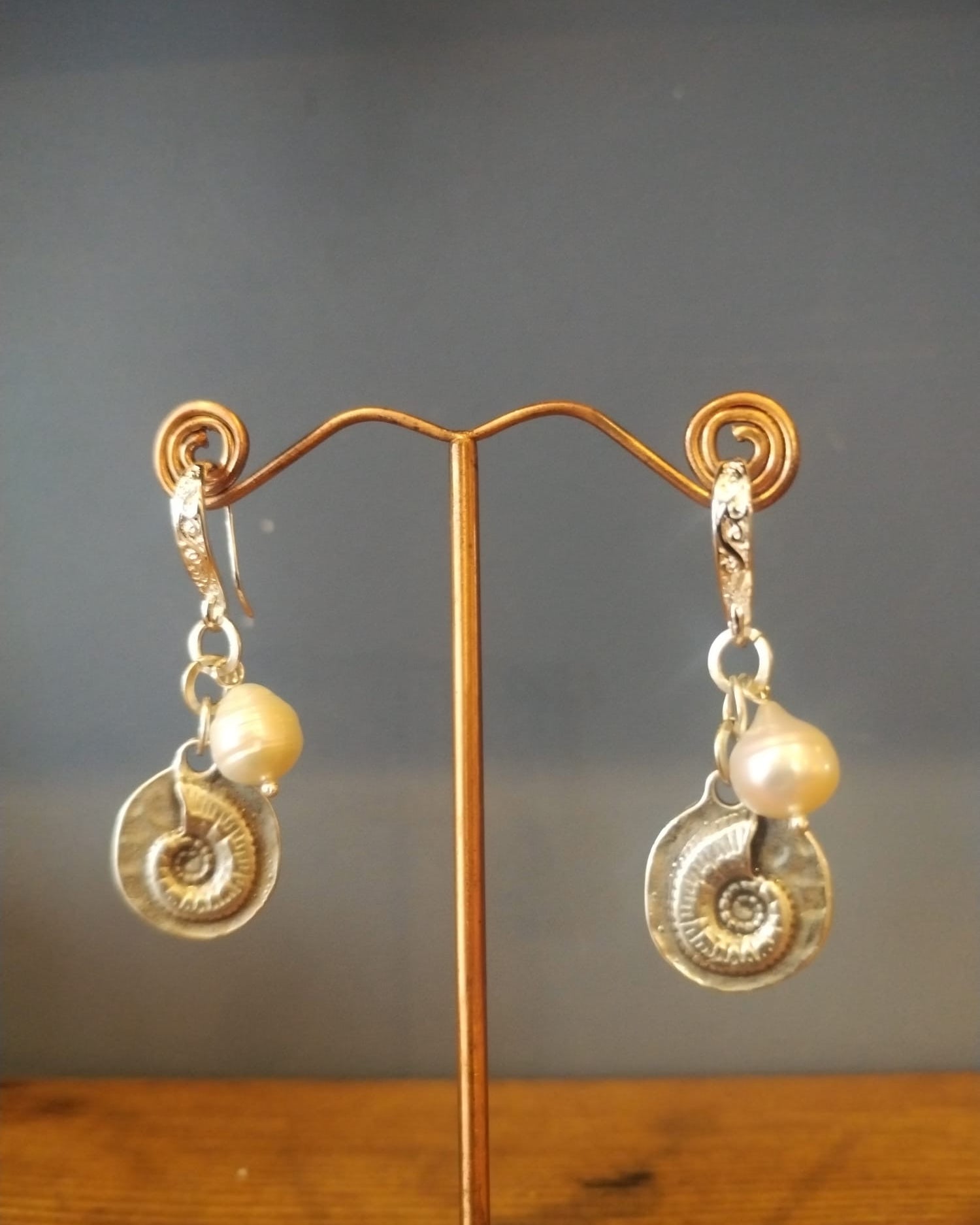 Pearl and Silver Earrings with Ammonite Charm