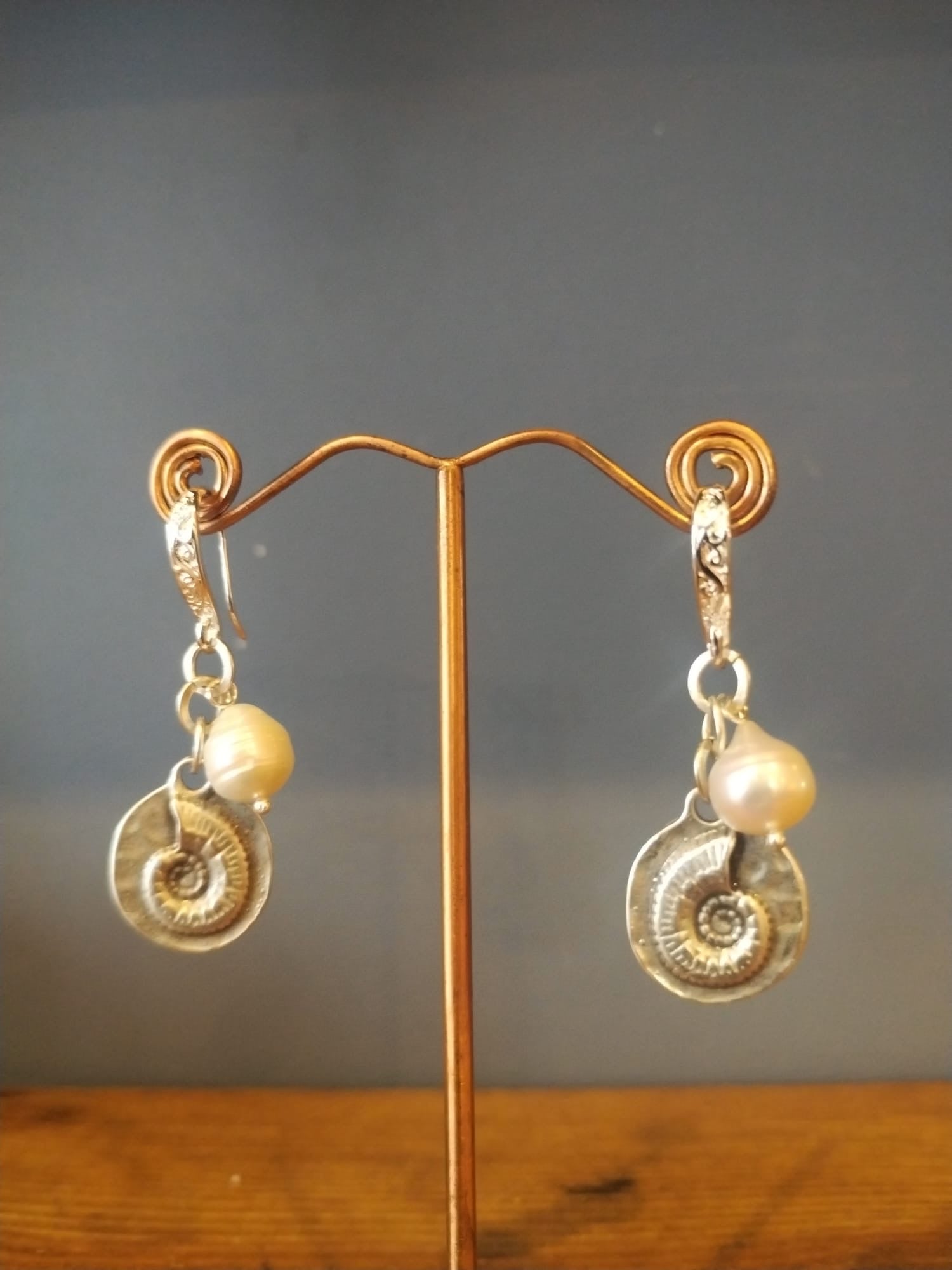 Pearl and Silver Earrings with Ammonite Charm