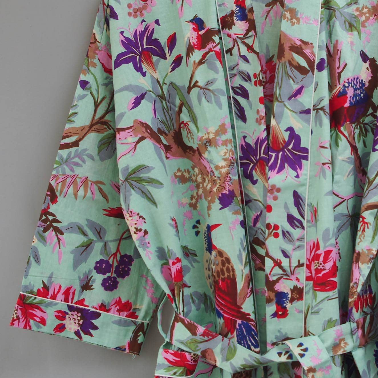 Pista Green Tropical Birds Womens Cotton Kimono Robe One Size