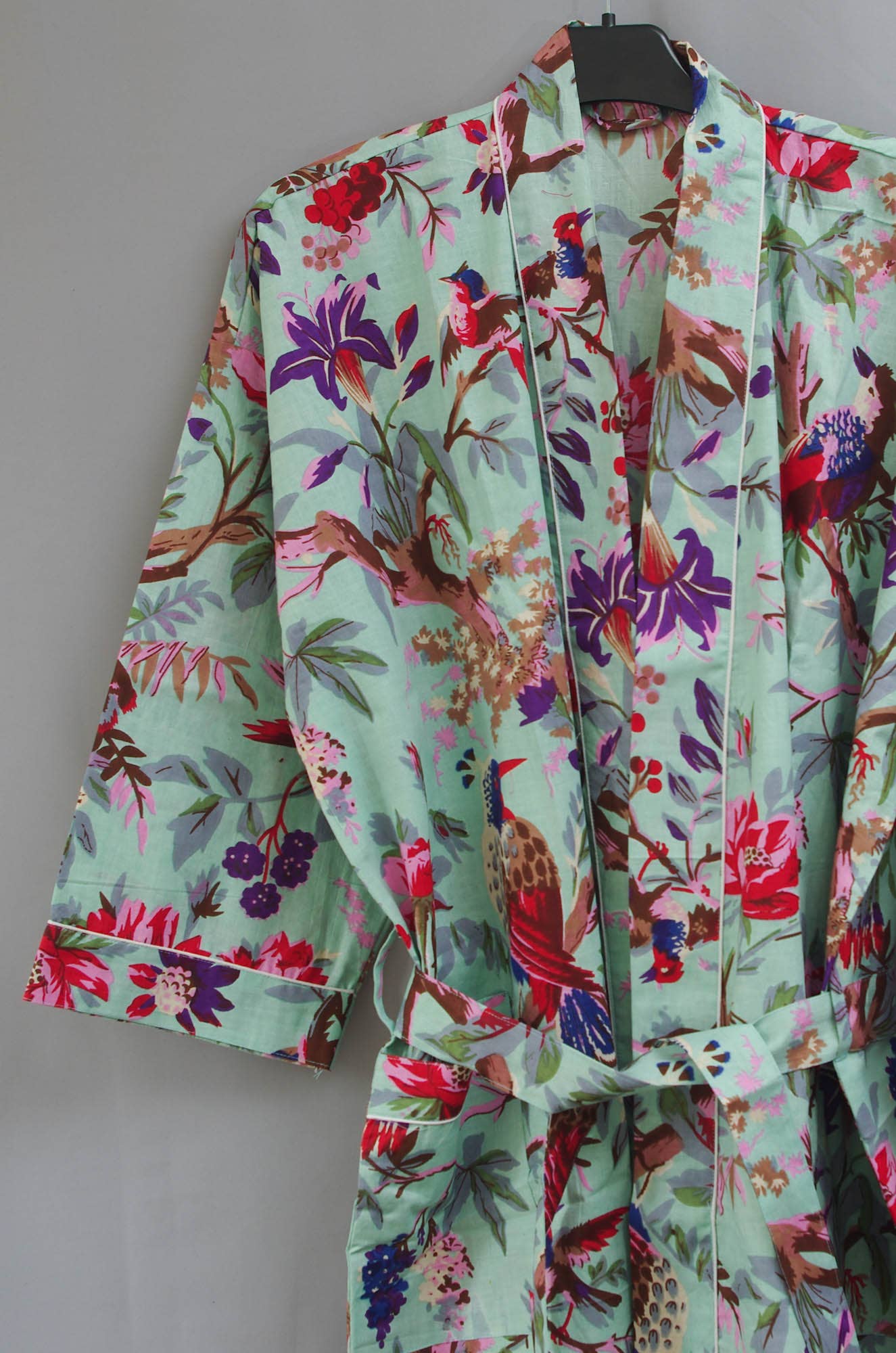 Pista Green Tropical Birds Womens Cotton Kimono Robe One Size