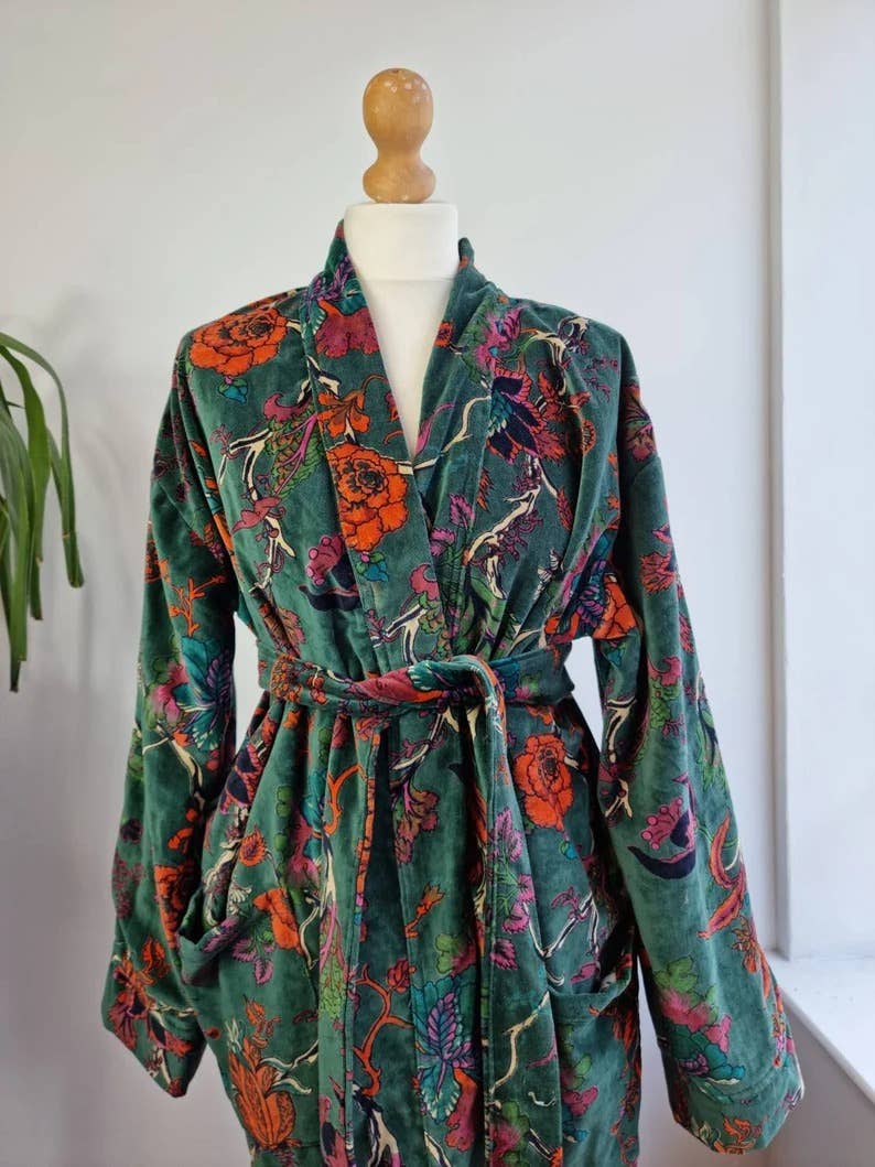 Luxury Velvet Robe - Rich Chic Emerald Green Rust Orange