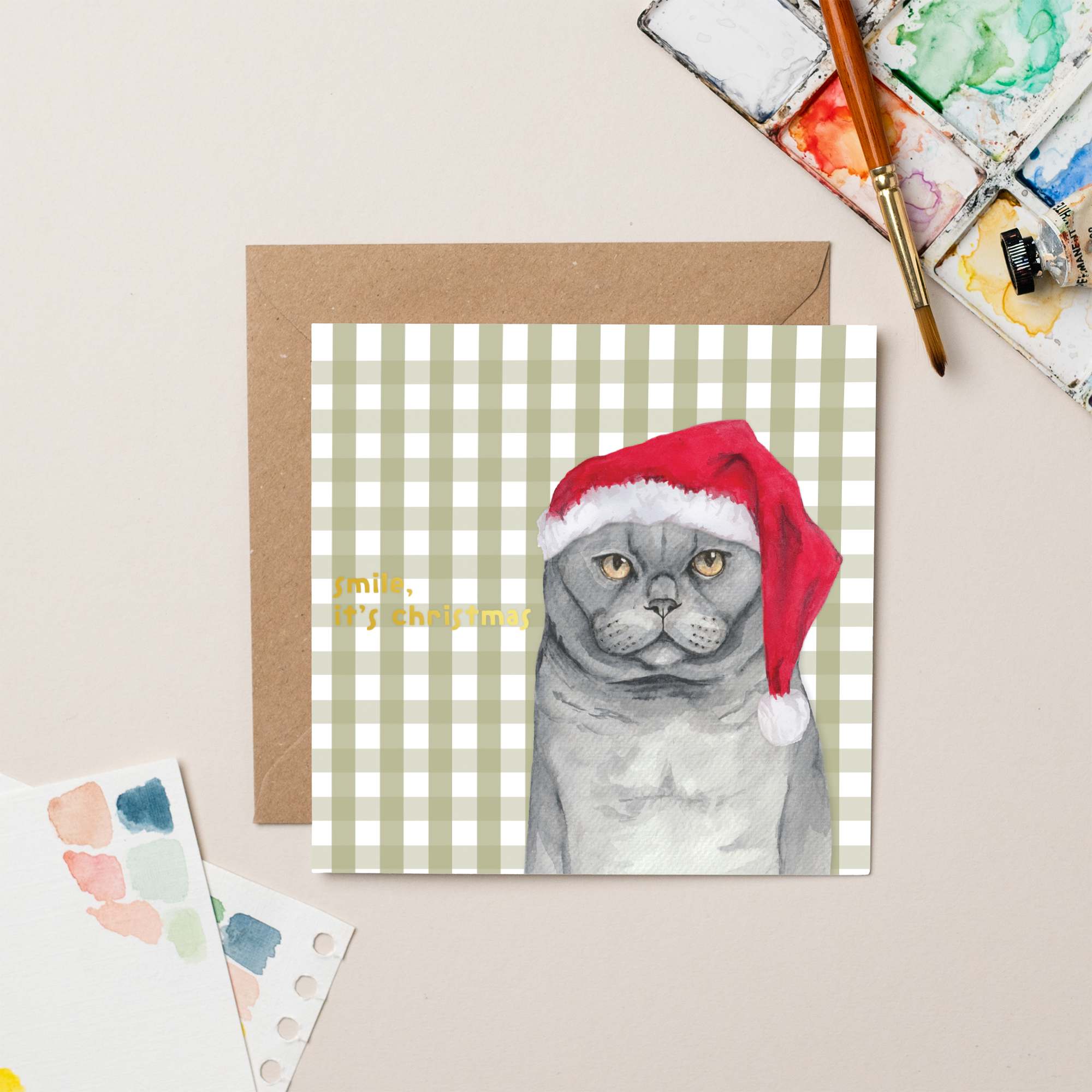 Smile It's Christmas Cat Gold Foil card