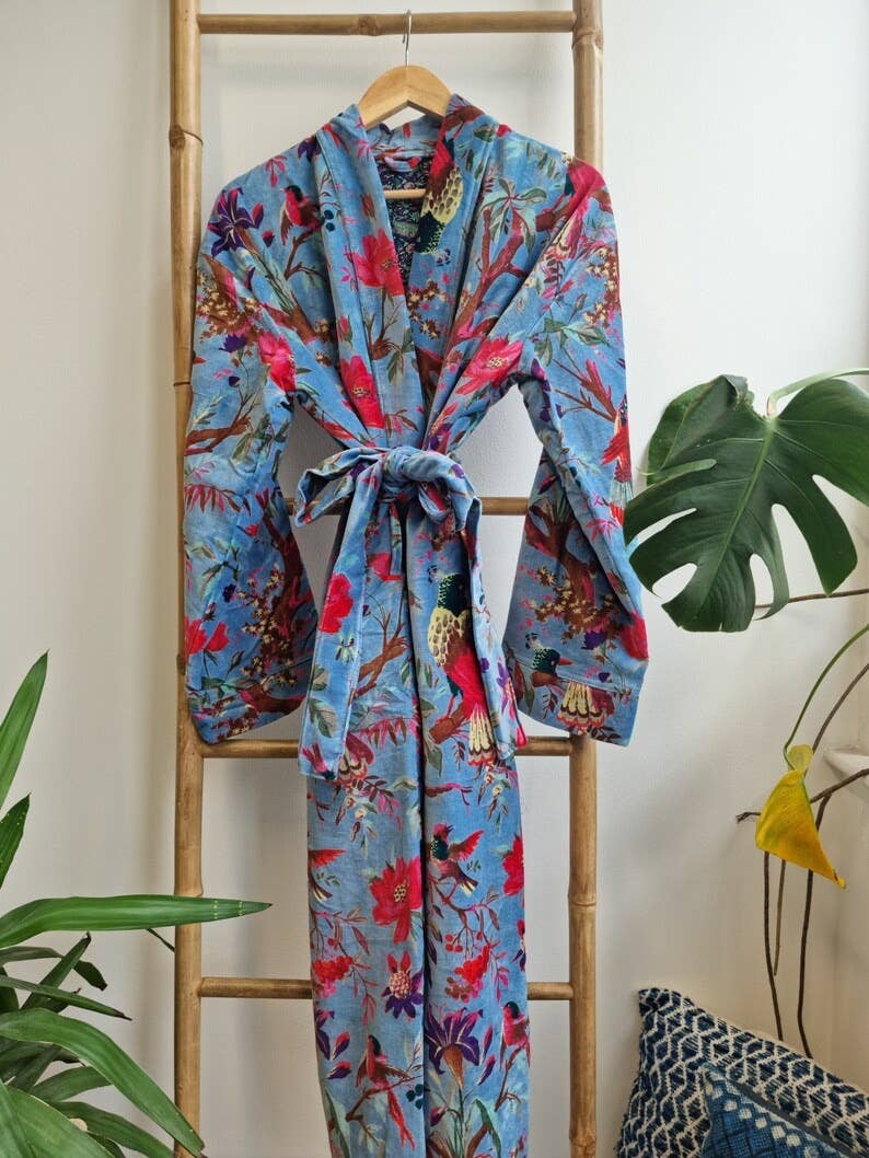 Luxury Velvet Robe  - iced Blue Birds