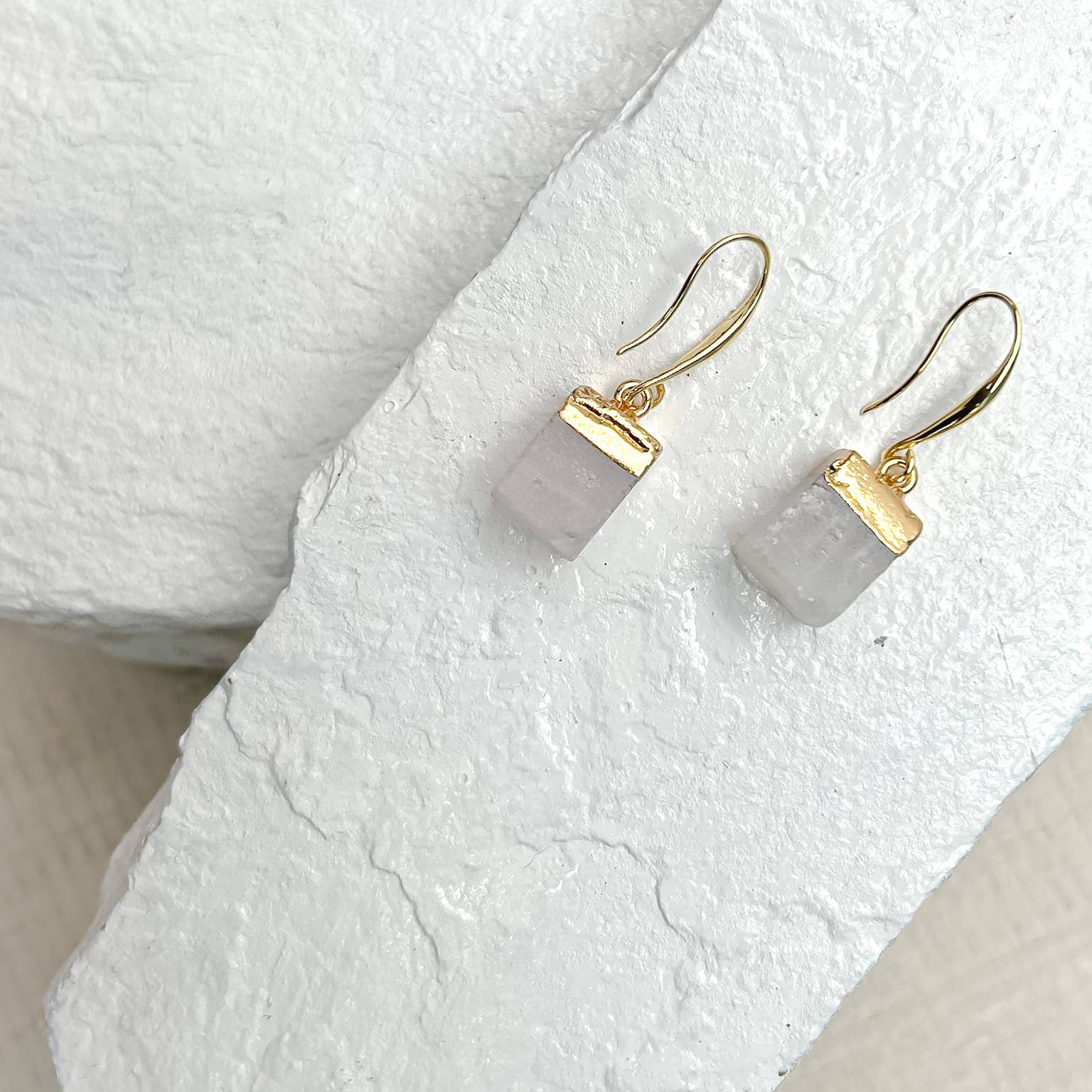 Quartz Cube Gold Plated Gemstone Crystal Earrings