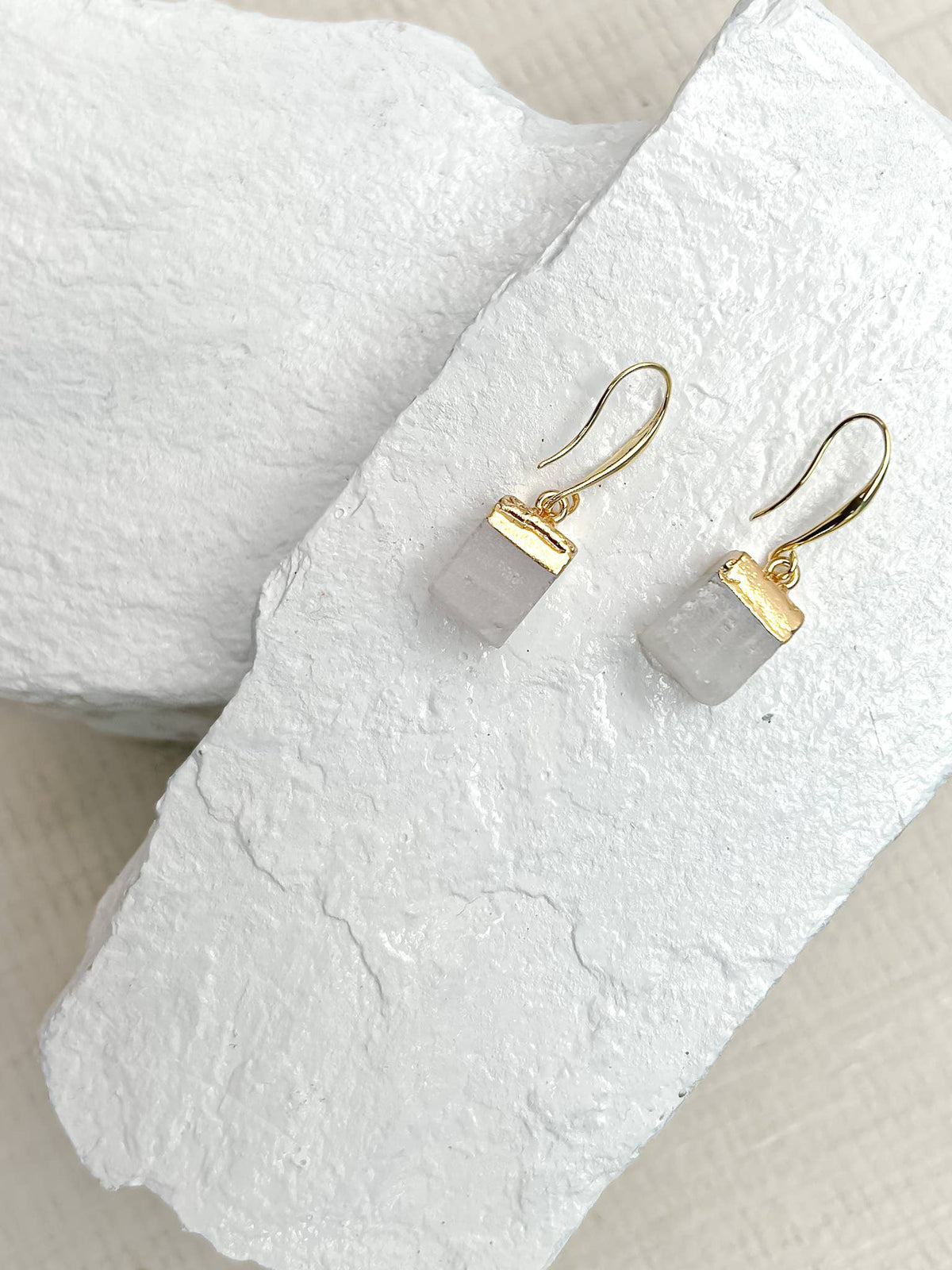 Quartz Cube Gold Plated Gemstone Crystal Earrings