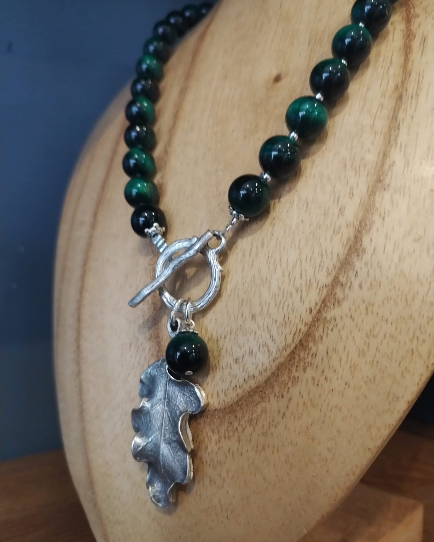 Green Tiger’s Eye Necklace with Silver Oak Leaf