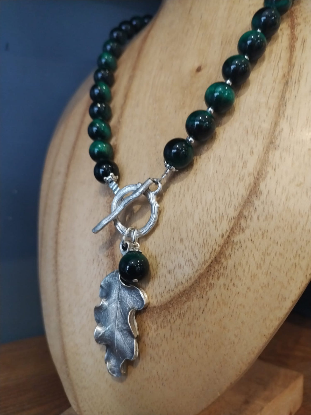 Green Tiger’s Eye Necklace with Silver Oak Leaf