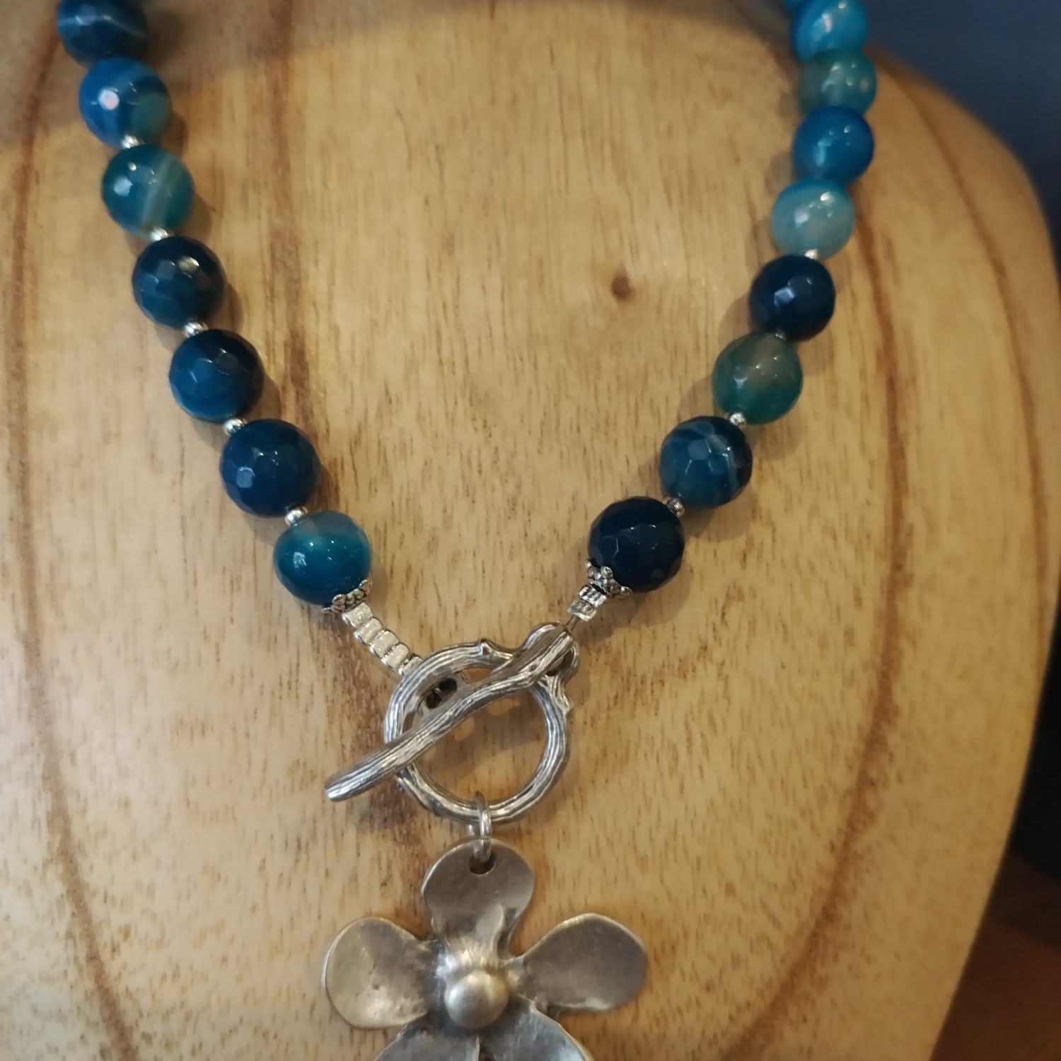 Blue Agate Necklace with Silver Flower Charm