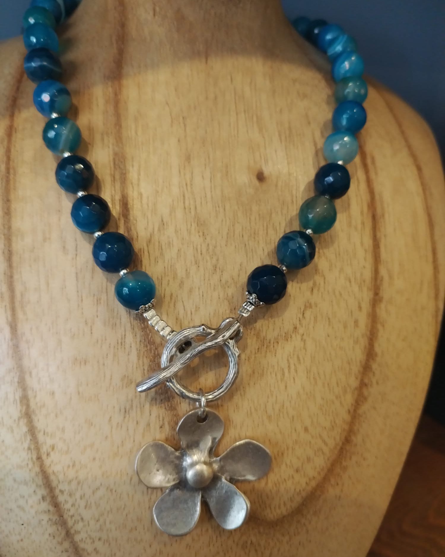 Blue Agate Necklace with Silver Flower Charm