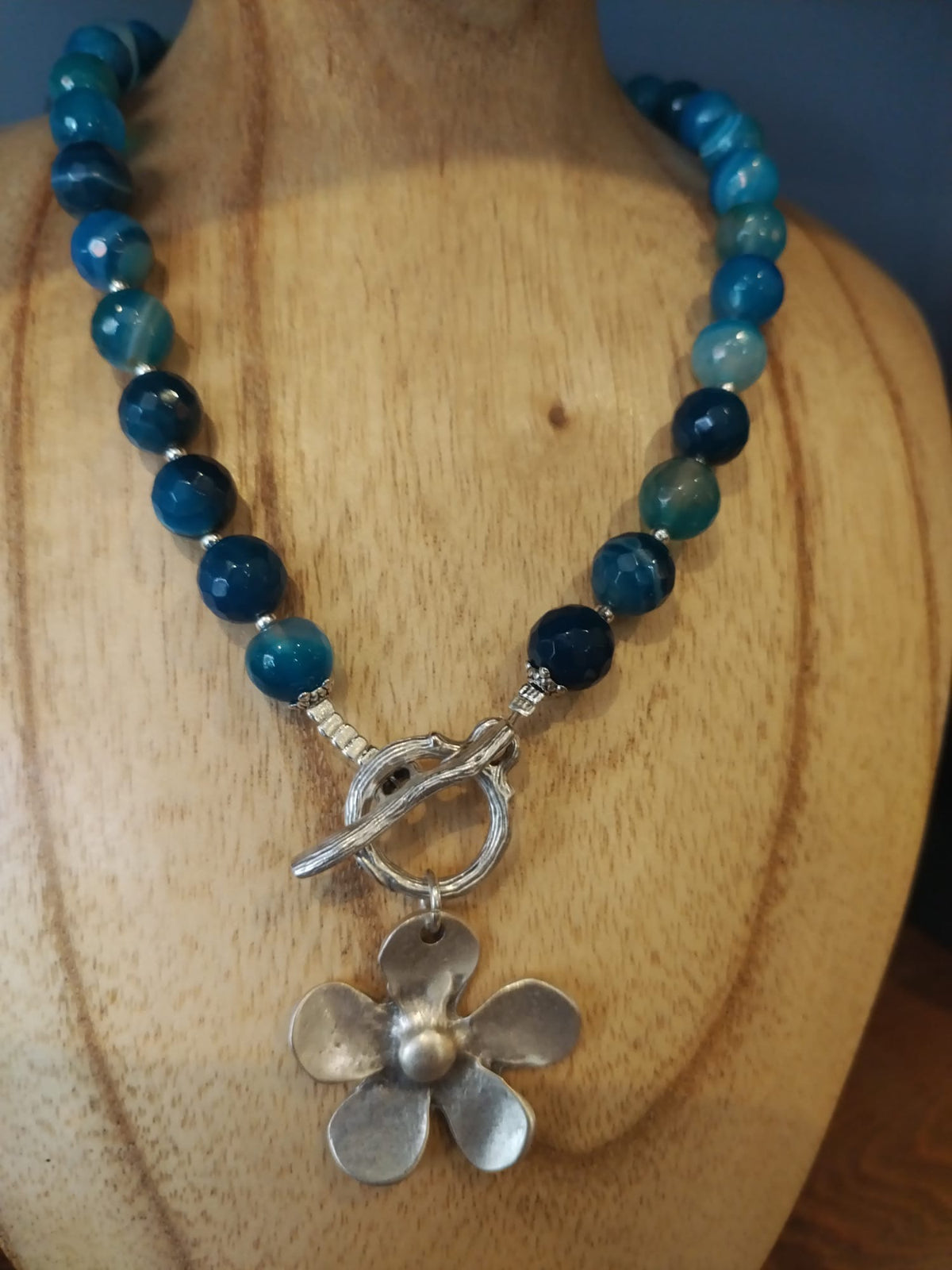Blue Agate Necklace with Silver Flower Charm