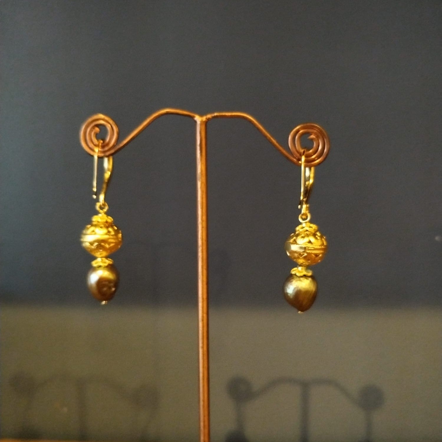 Olive Pearl & Gold Drop Earrings