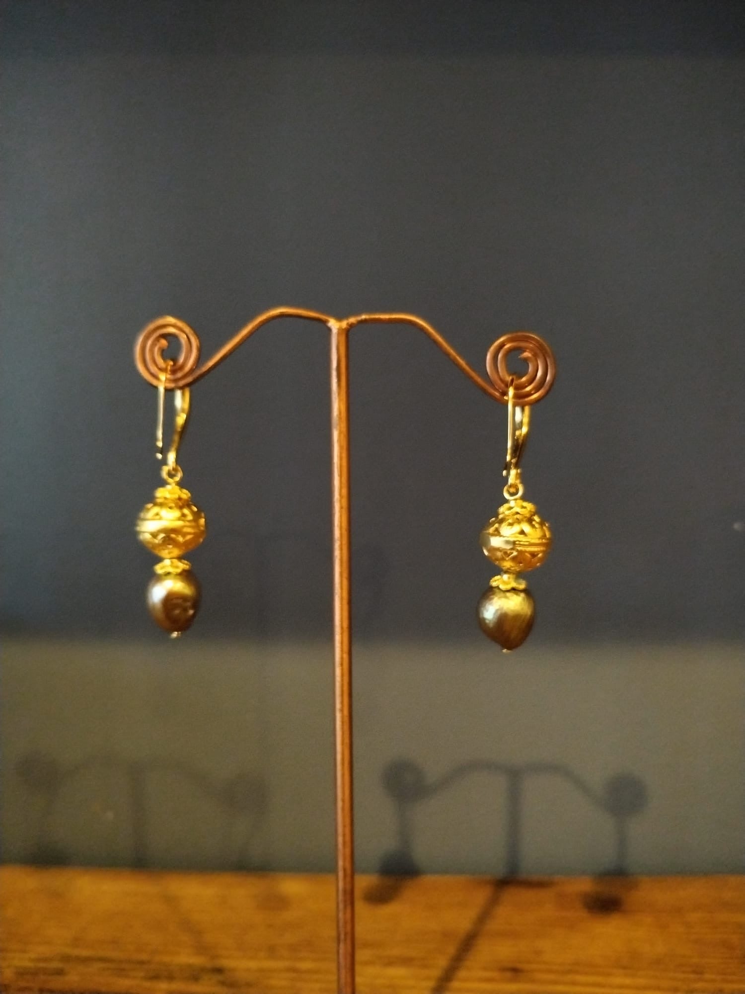 Olive Pearl & Gold Drop Earrings