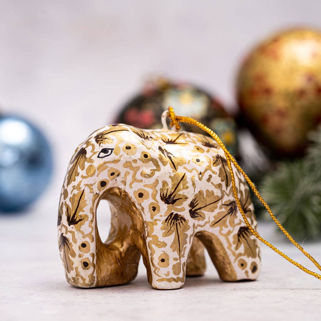 White and Gold Indian Elephant Christmas Decoration
