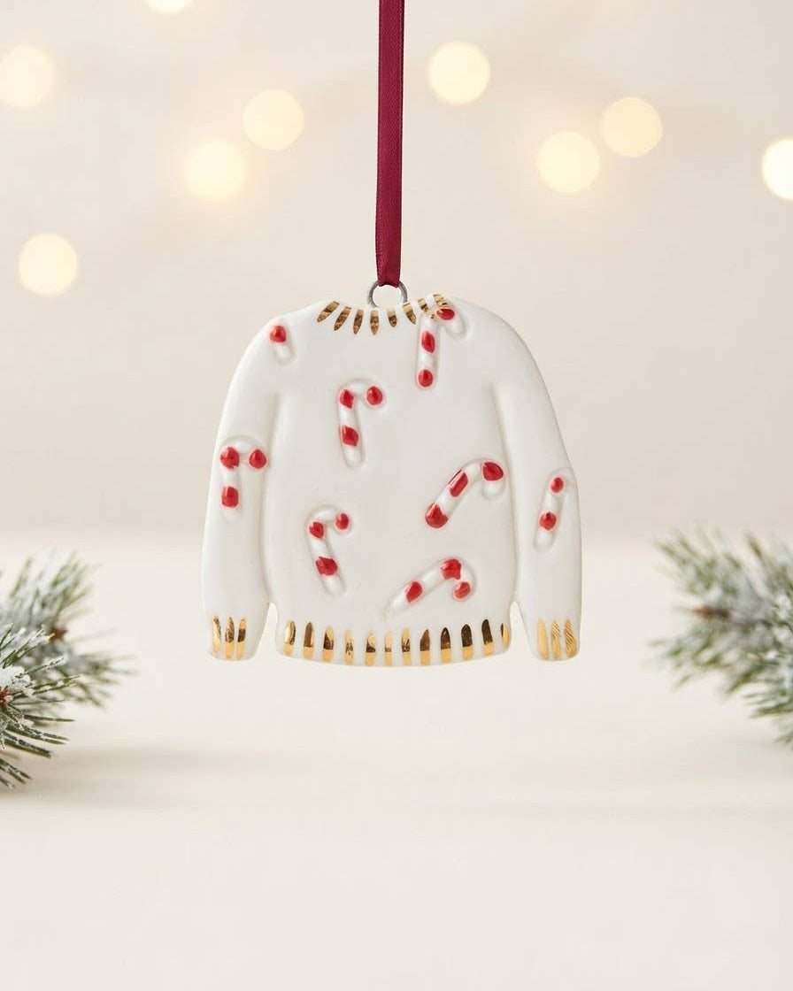 White Rain Ceramic Candy Cane Christmas Jumper Decoration
