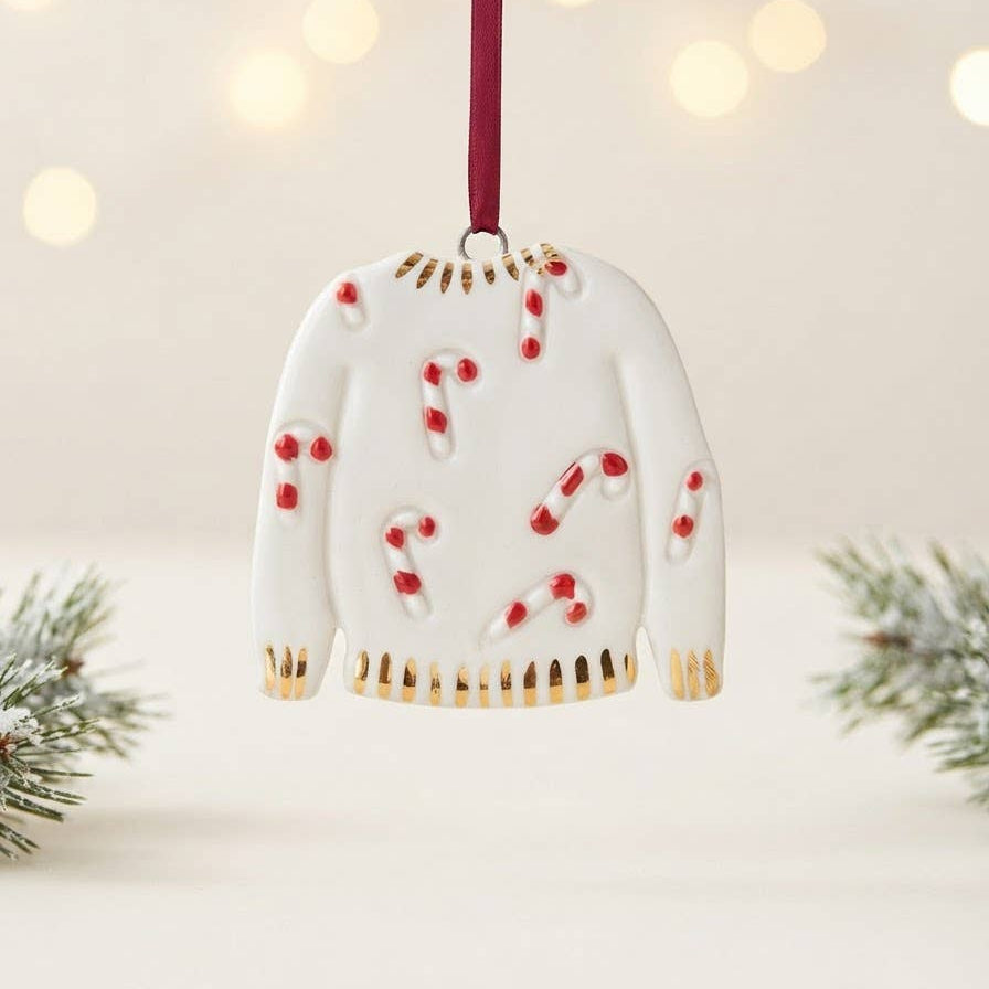 White Rain Ceramic Candy Cane Christmas Jumper Decoration