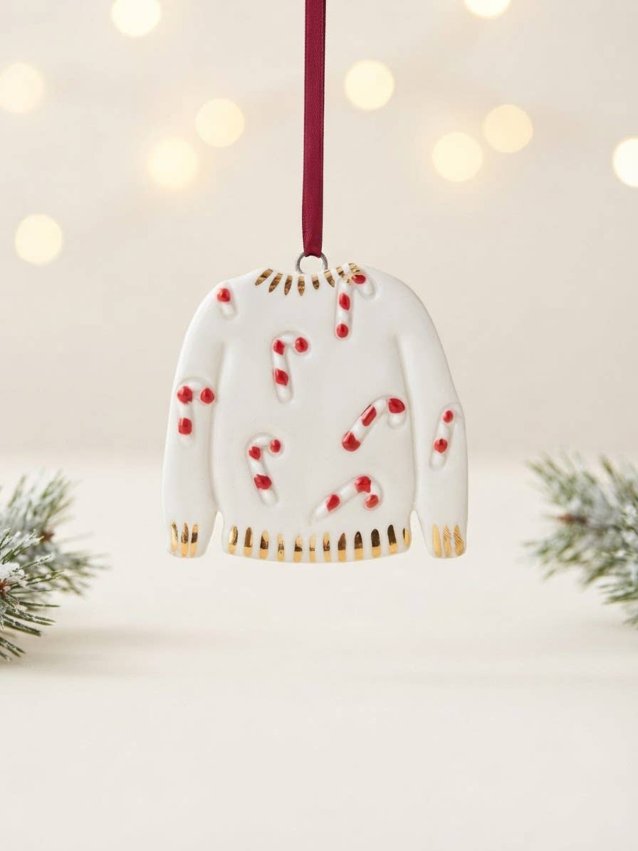 White Rain Ceramic Candy Cane Christmas Jumper Decoration