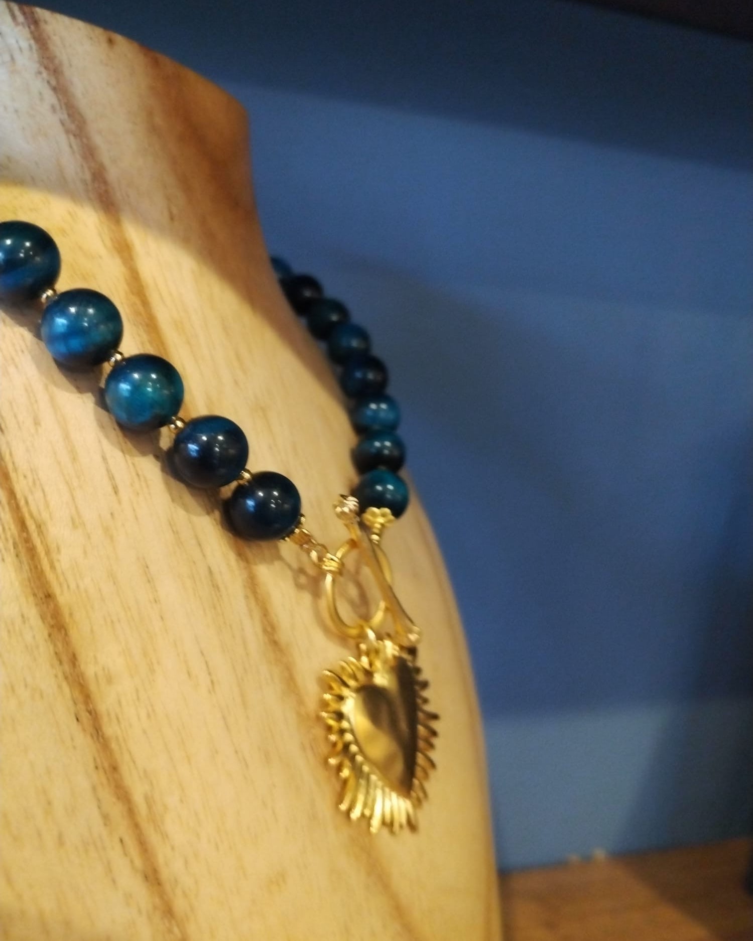 Blue Tiger’s Eye Necklace with Shining Heart Charm