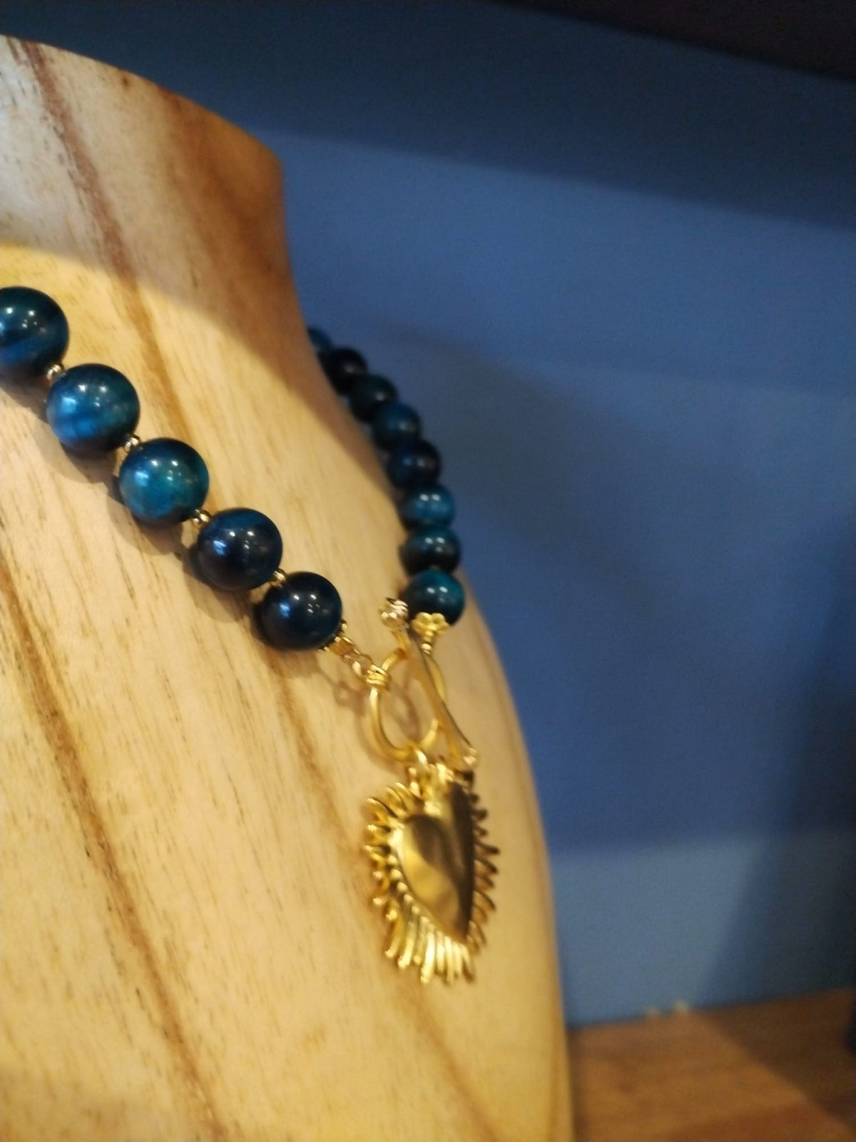Blue Tiger’s Eye Necklace with Shining Heart Charm