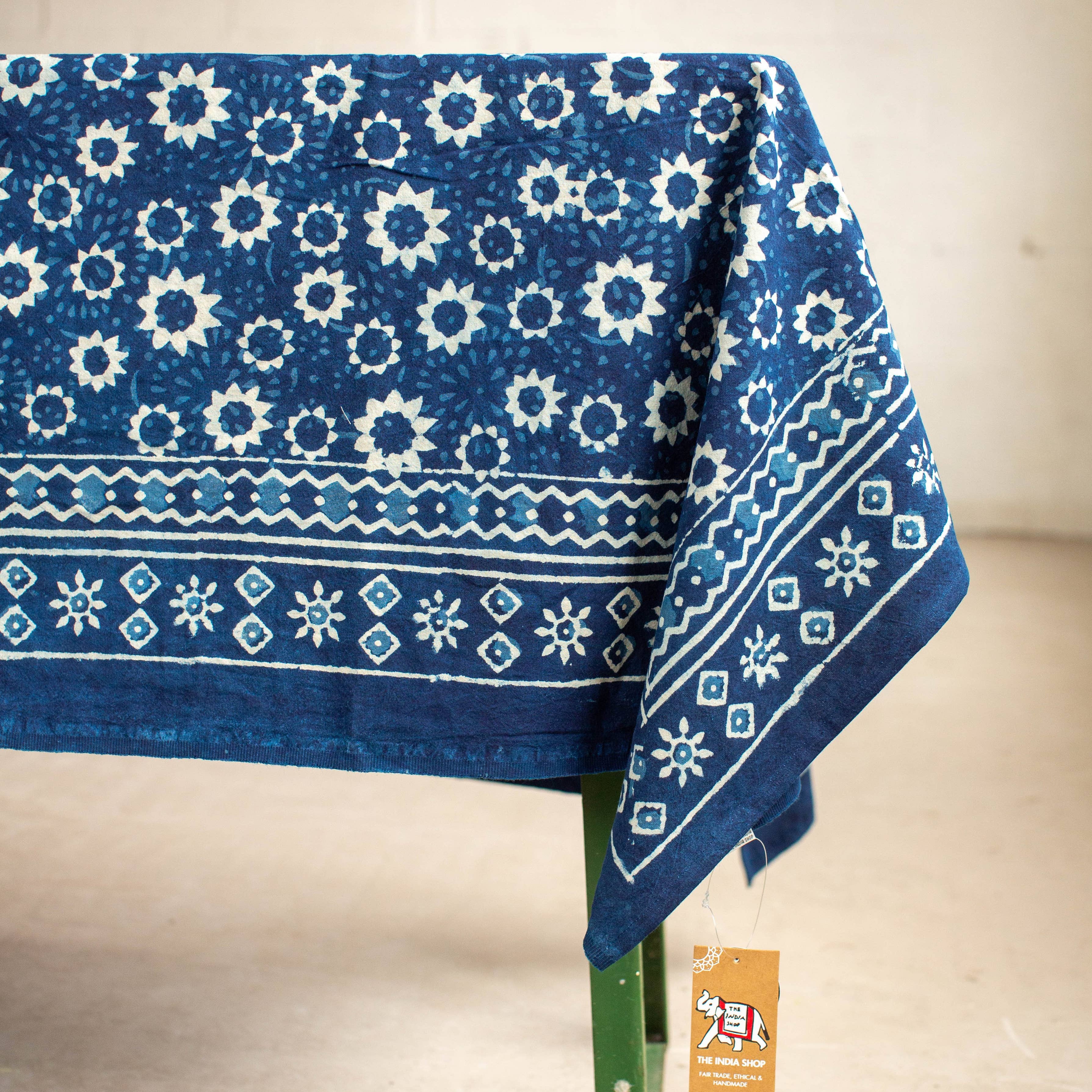 Blue Floral Hand Block Printed Cotton Tablecloth 150 x 220 cm