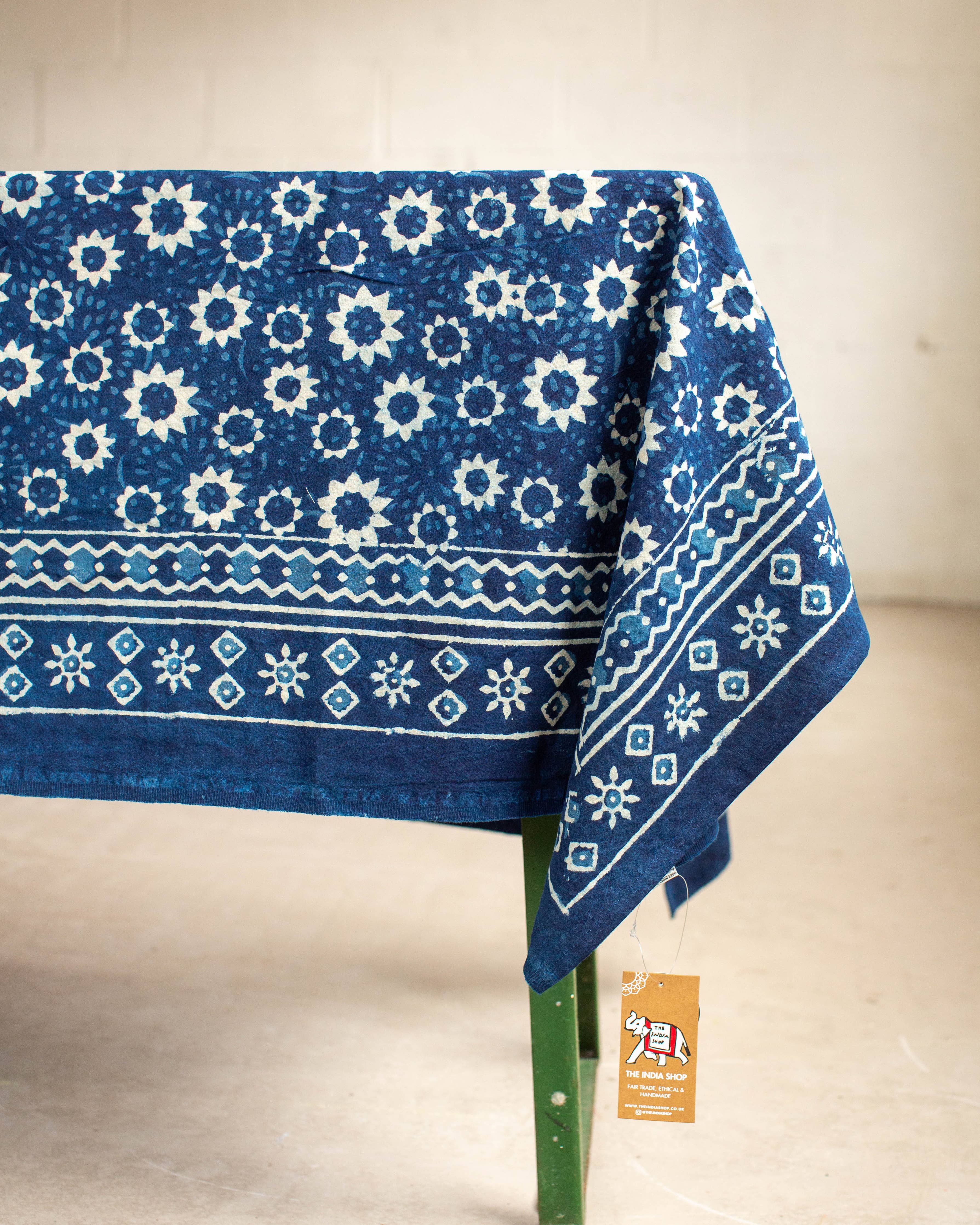 Blue Floral Hand Block Printed Cotton Tablecloth 150 x 220 cm