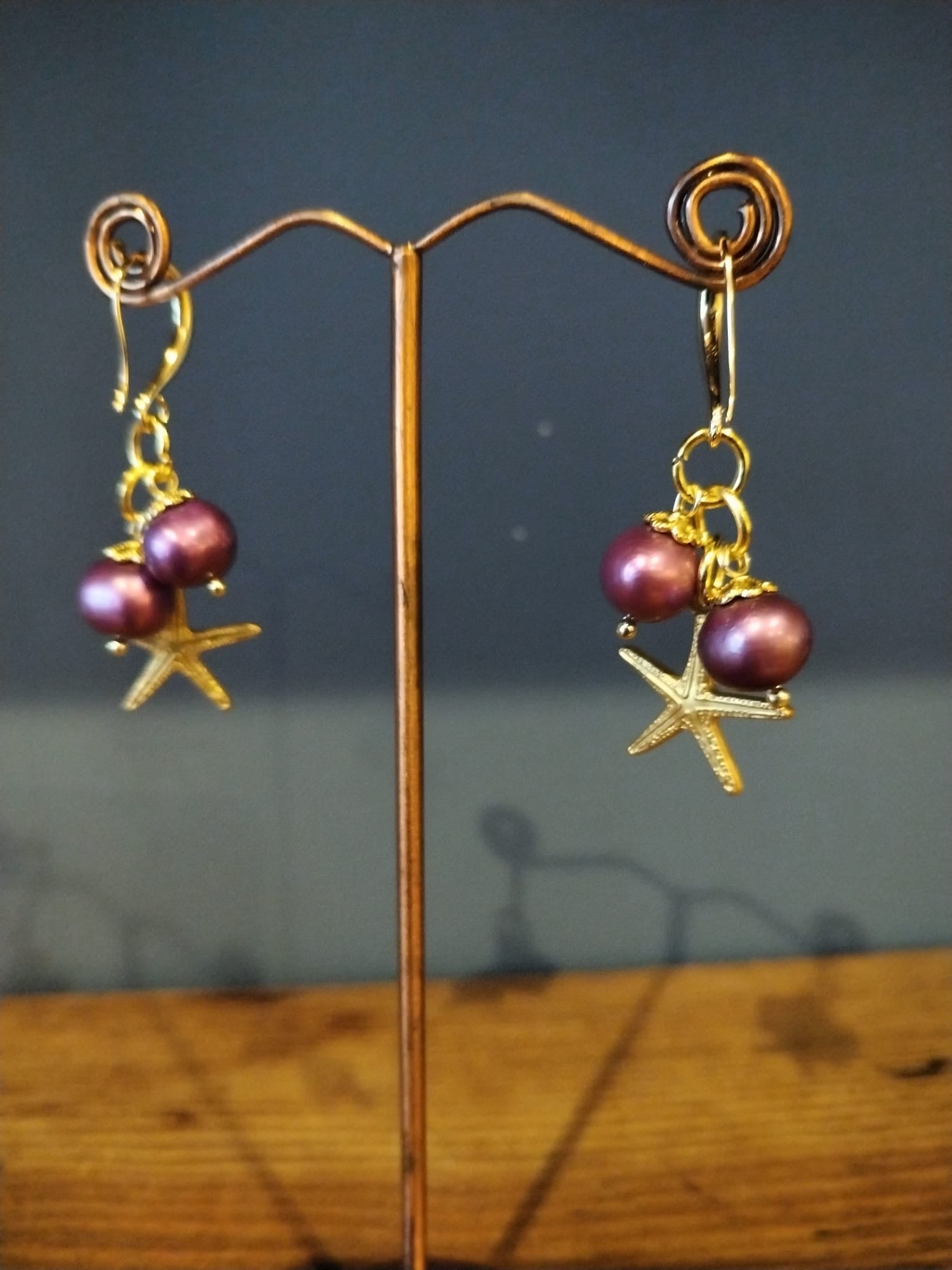 Gold and Plum Coloured Pearl Earrings, with Starfish Charm