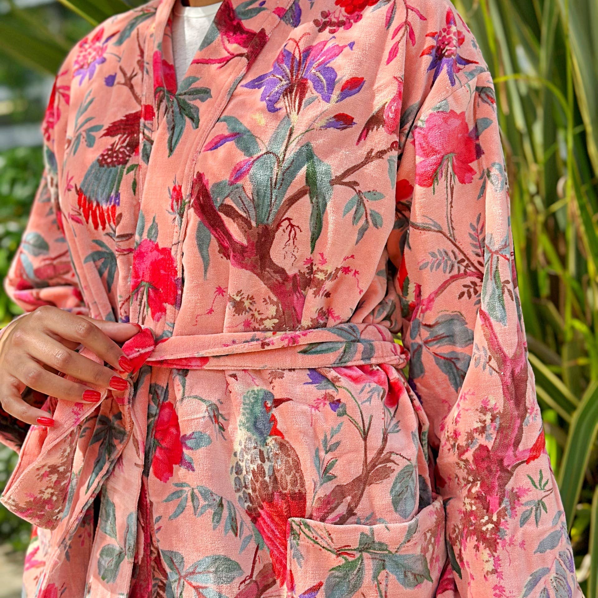 Luxury Velvet Robe - Soft Peach Birds Paradise Exotic Love