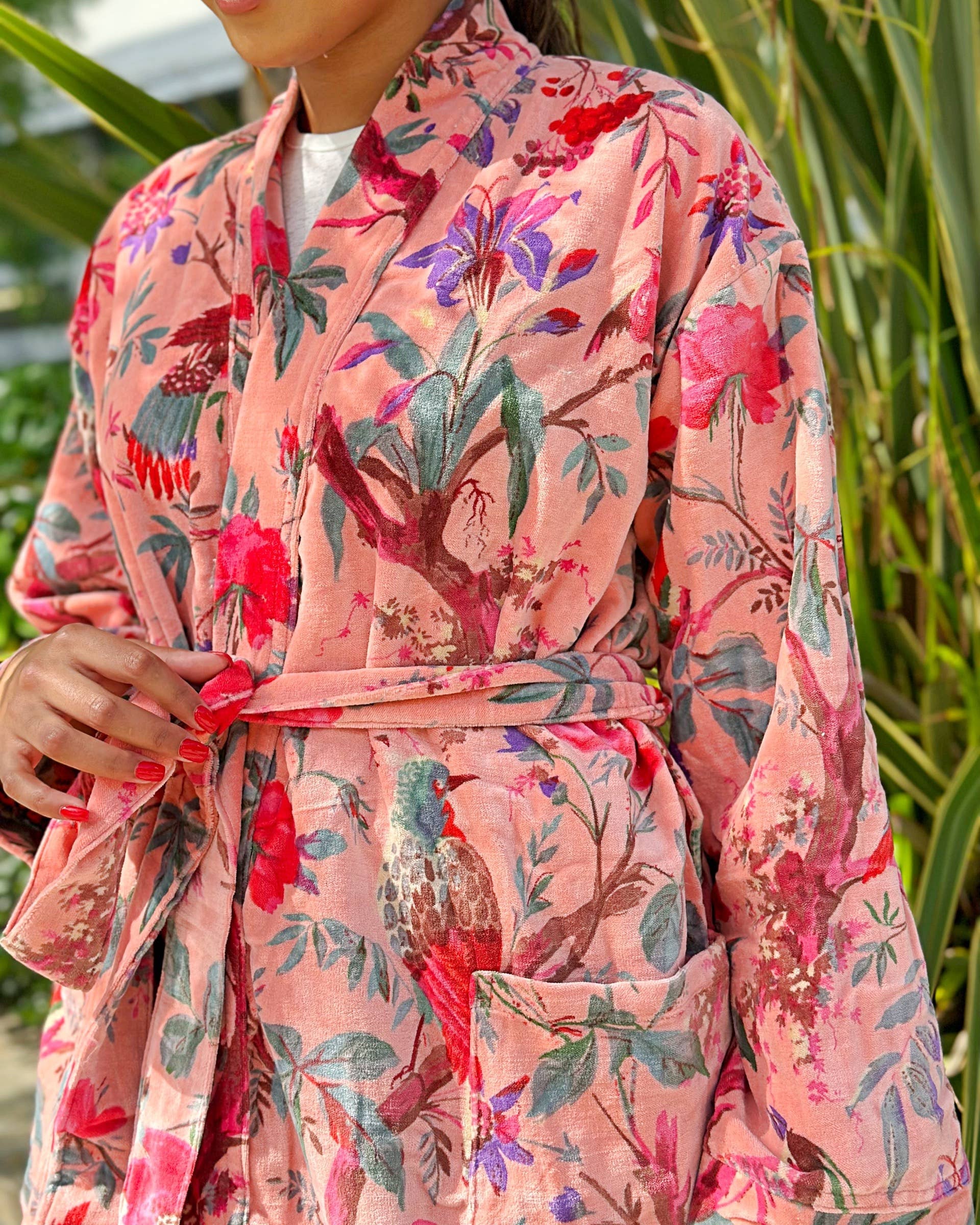 Luxury Velvet Robe - Soft Peach Birds Paradise Exotic Love