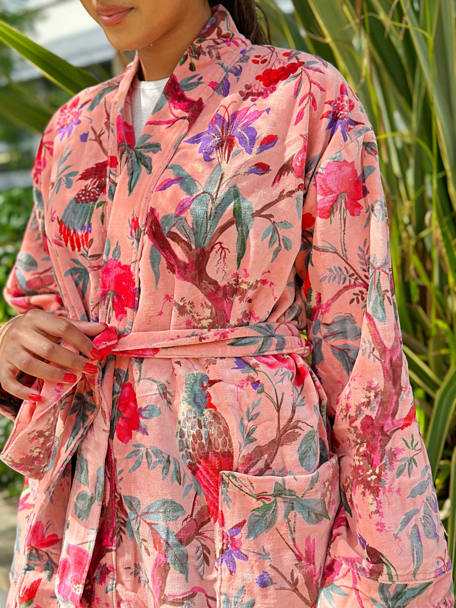 Luxury Velvet Robe - Soft Peach Birds Paradise Exotic Love