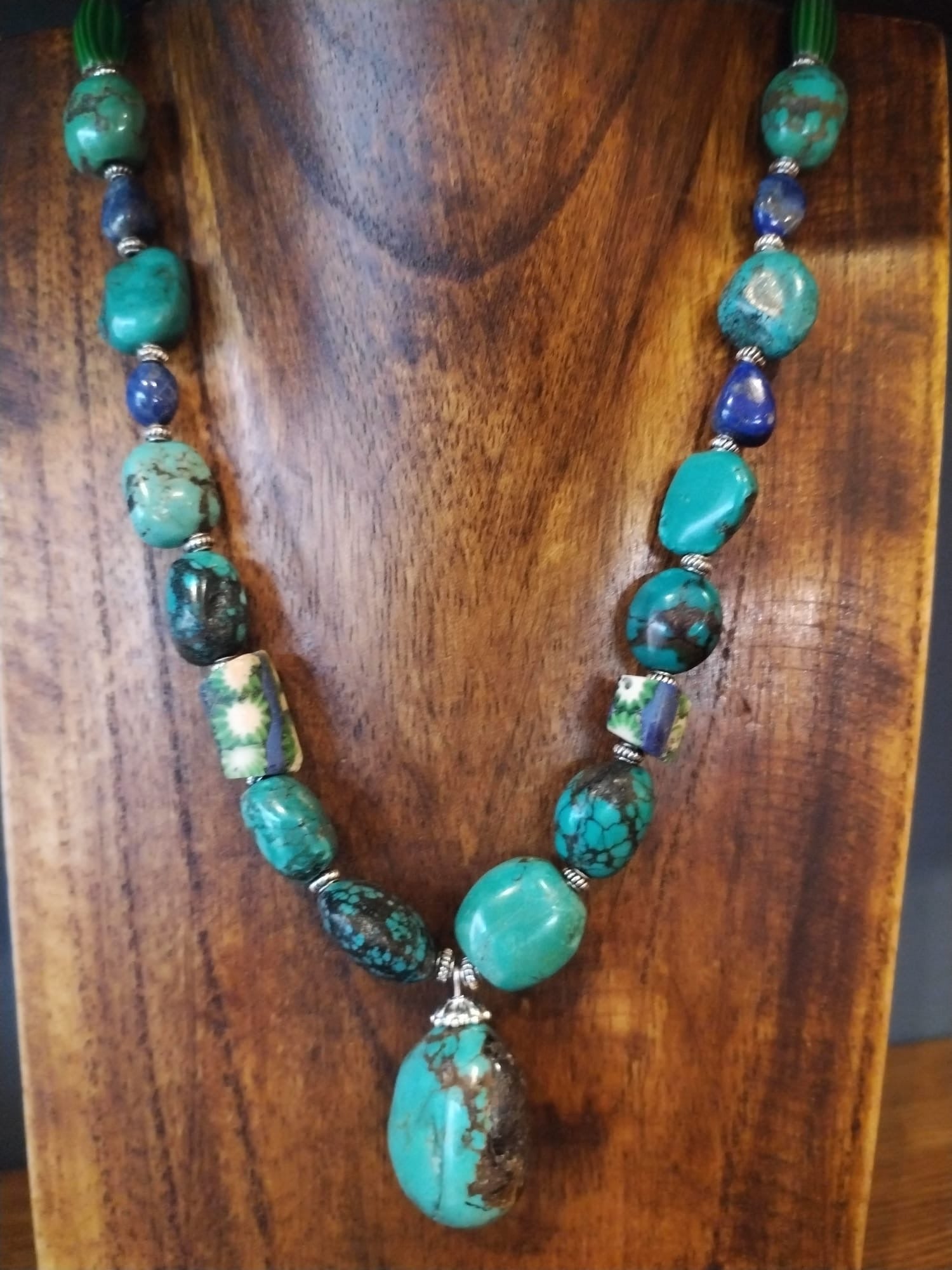 Turquoise Pebble Necklace With Antique Venetian Trade Beads