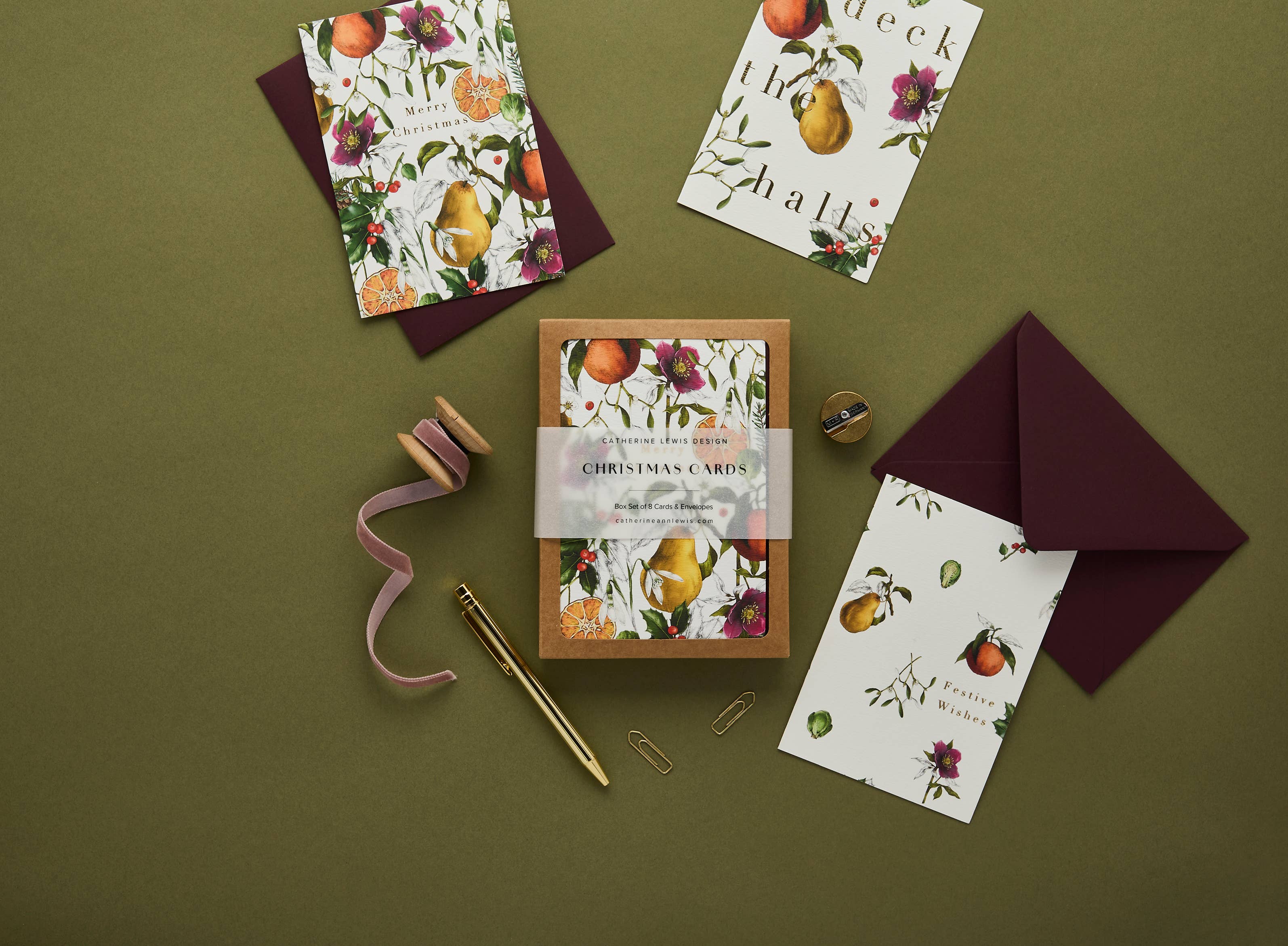 Winter Decadence Box of 8 Luxury Botanical Christmas Cards by Catherine Lewis