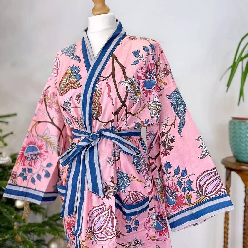 Cotton Kimono Robe Pink &  Blue Paradise Stripe UK 10 18