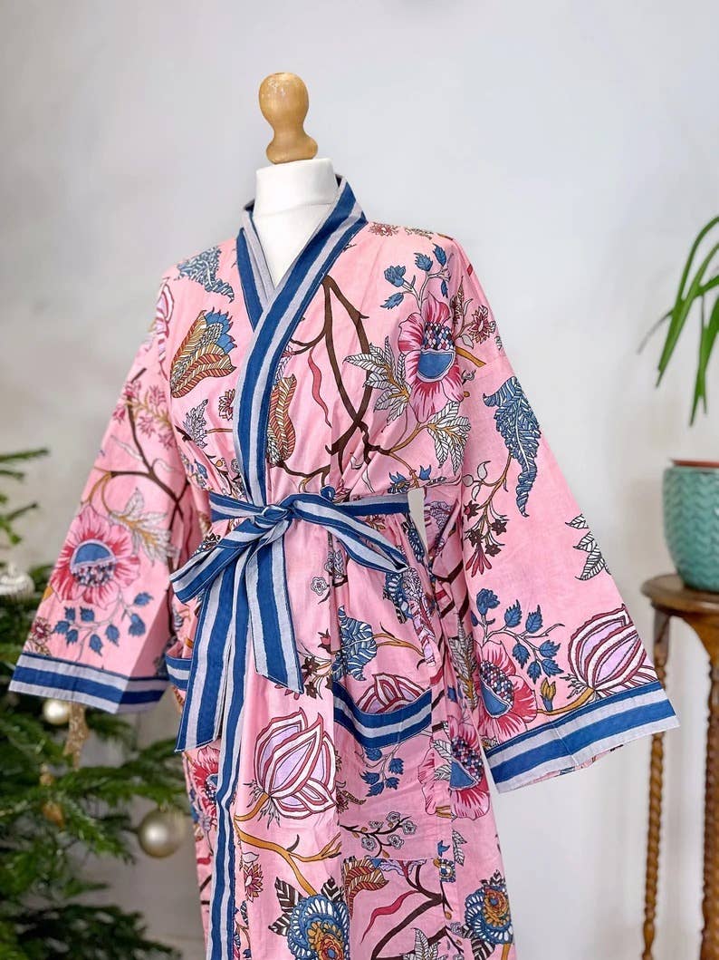 Cotton Kimono Robe Pink &  Blue Paradise Stripe UK 10 18