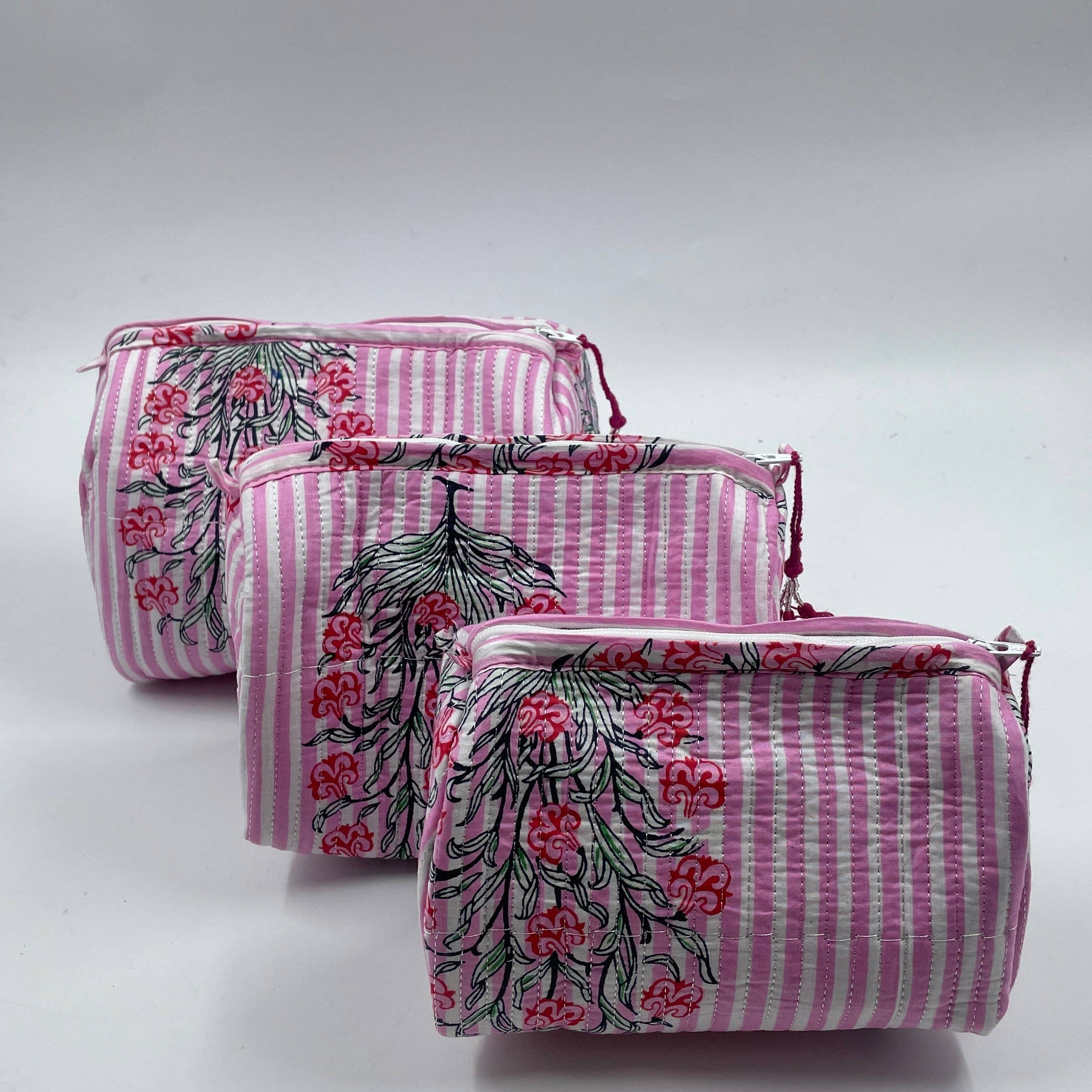 Pink Stripe cotton  set of 3 quilted wash bag