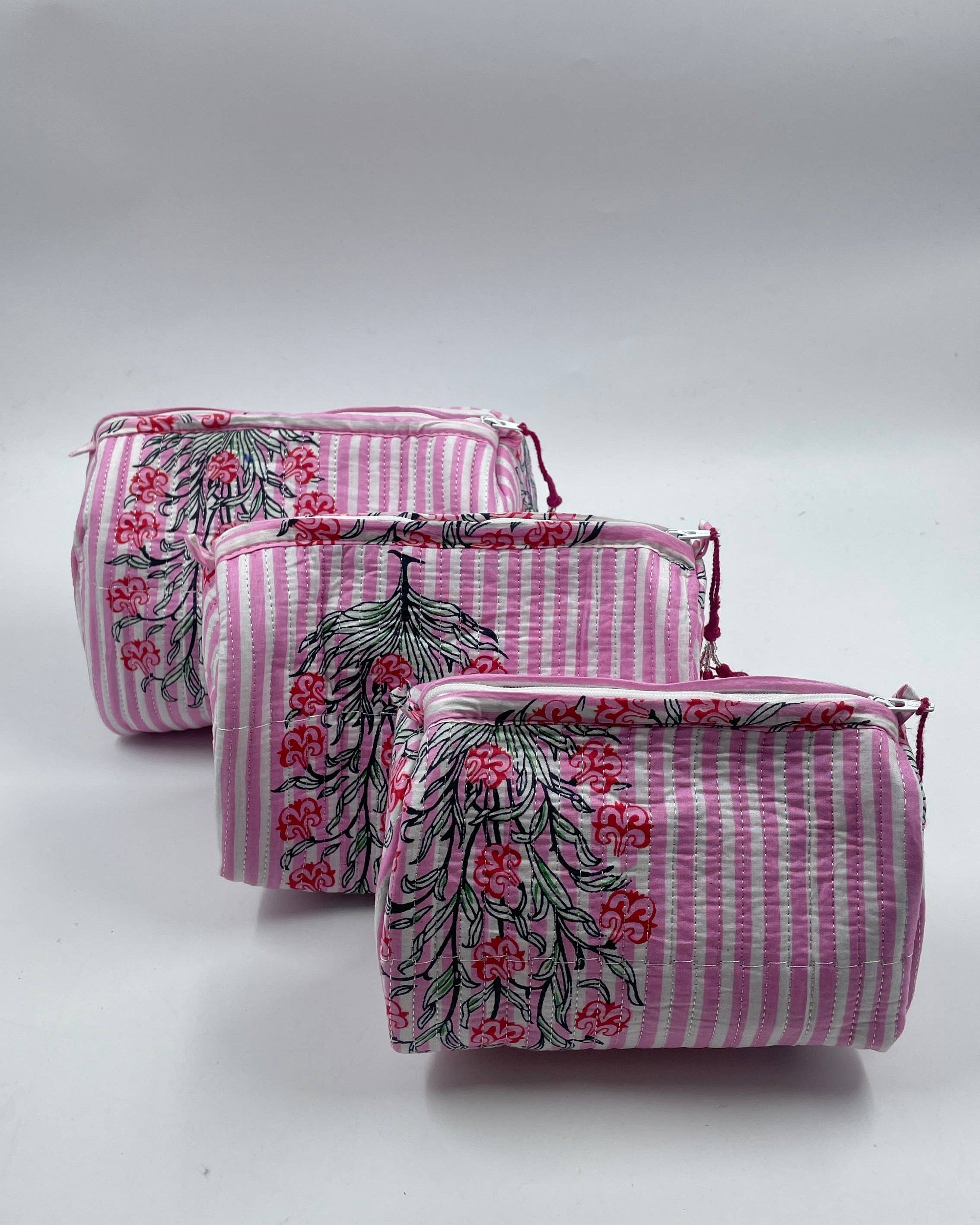 Pink Stripe cotton  set of 3 quilted wash bag
