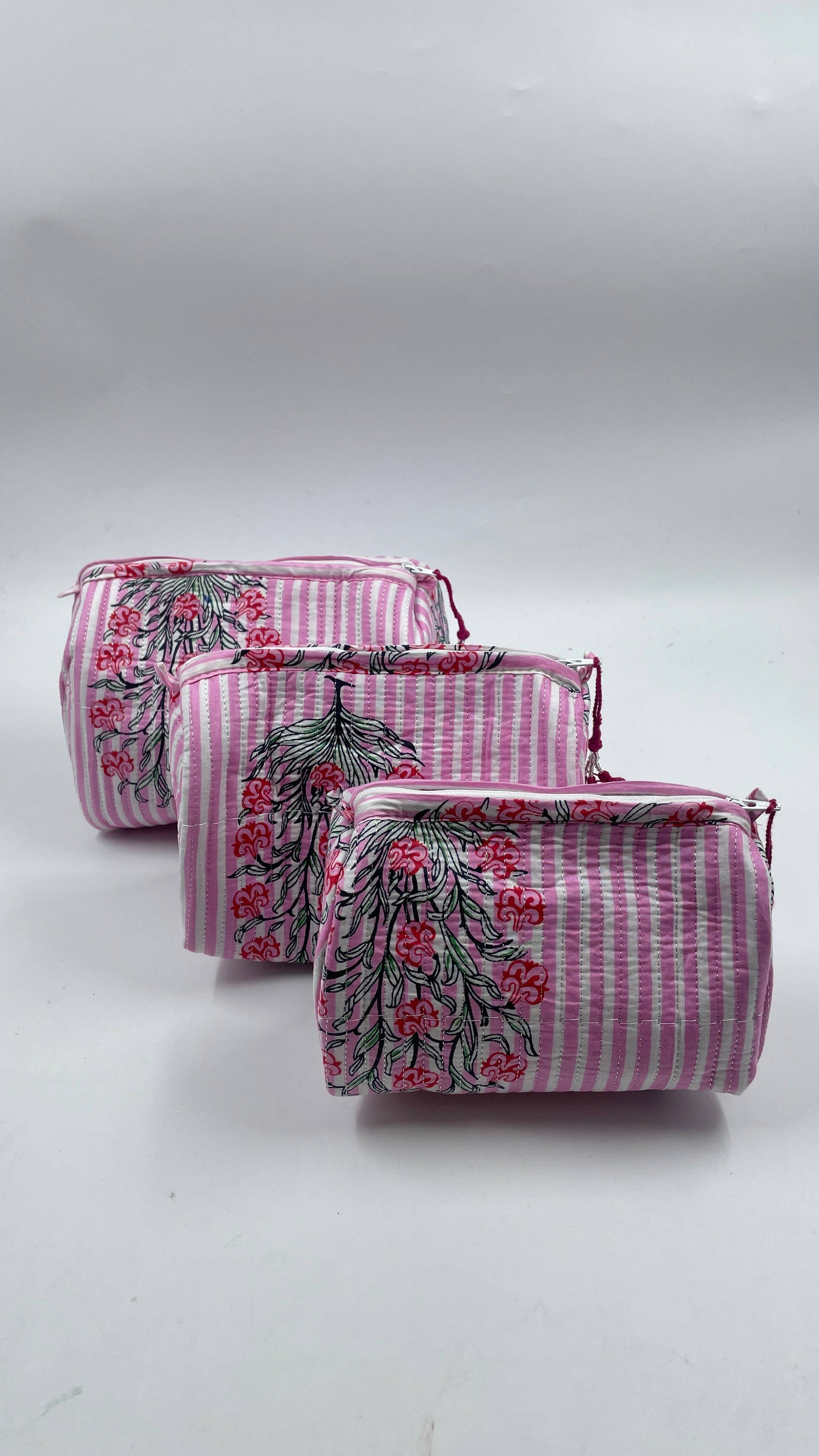 Pink Stripe cotton  set of 3 quilted wash bag