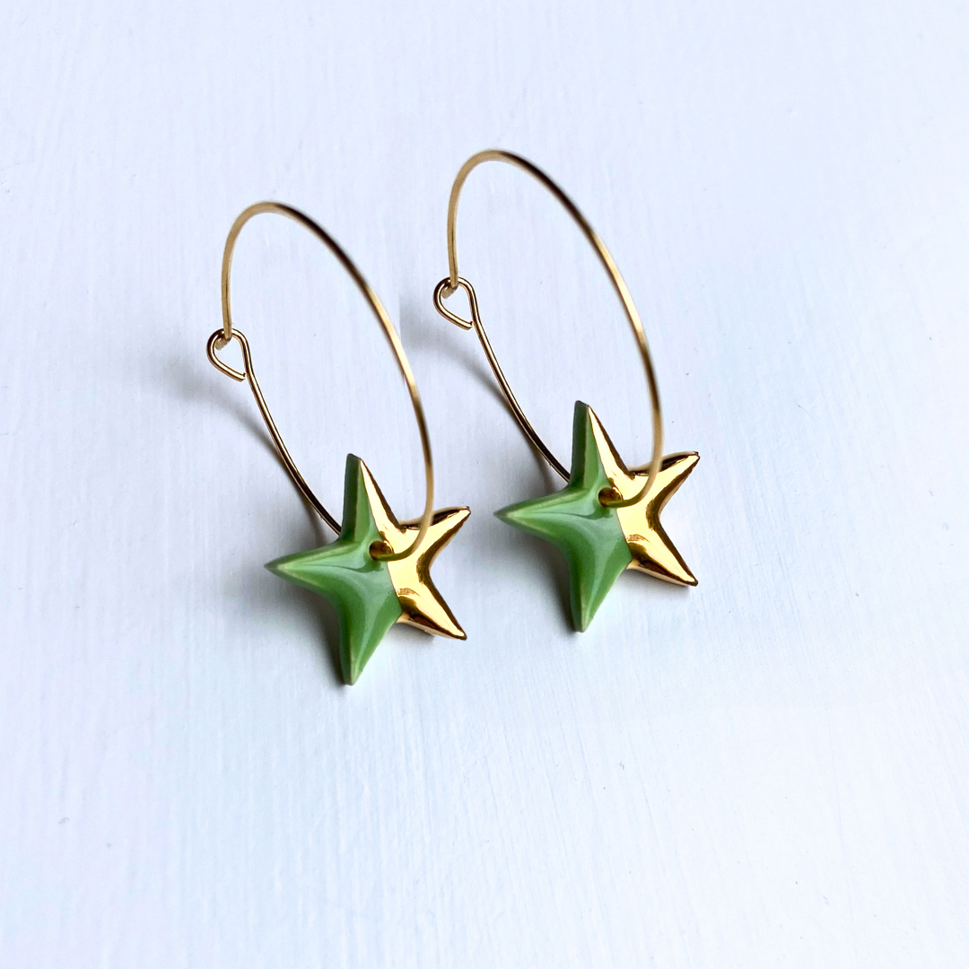 Hoop Earrings with Light Green Star Charms With Silver