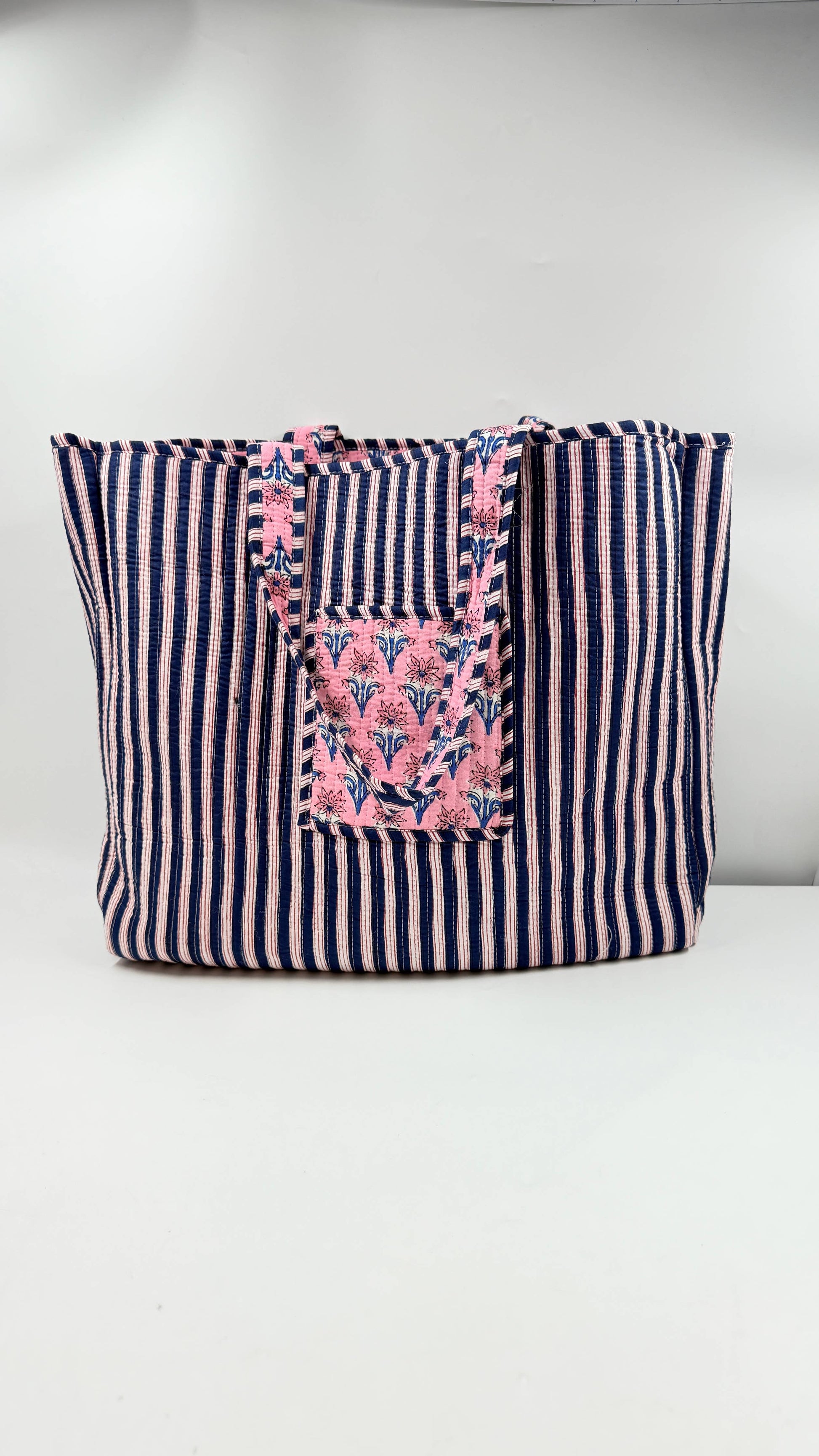 Cotton Quilted Tote Bag Pink & White Floral Block Print
