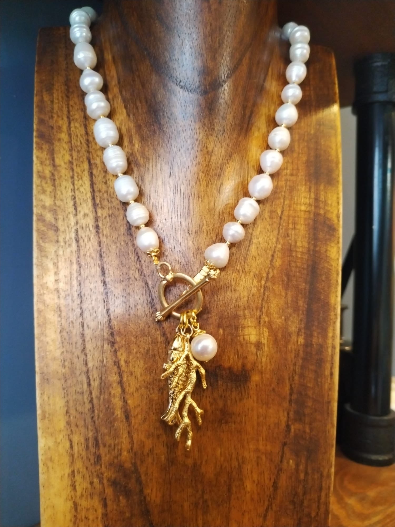 Freshwater Pearl Necklace with Gold Coral and Fish Charm 42cm