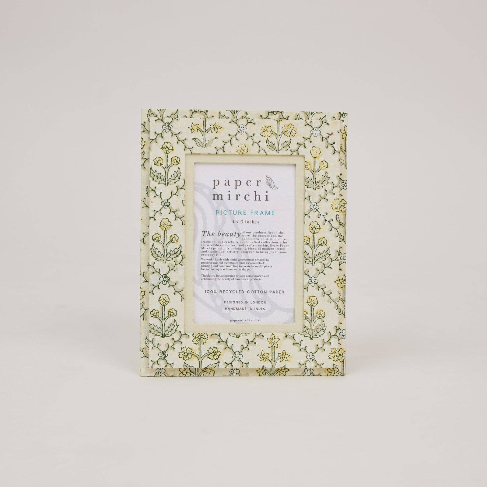 Hand Block Printed Recycled Cotton Picture Frame (4x6) - Cream Floral Lattice