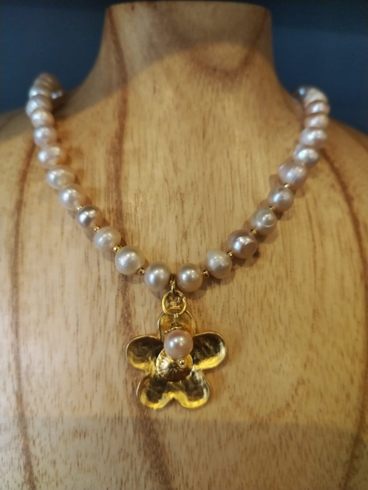 Champagne Freshwater Pearl Necklace with Gold Flower Charms