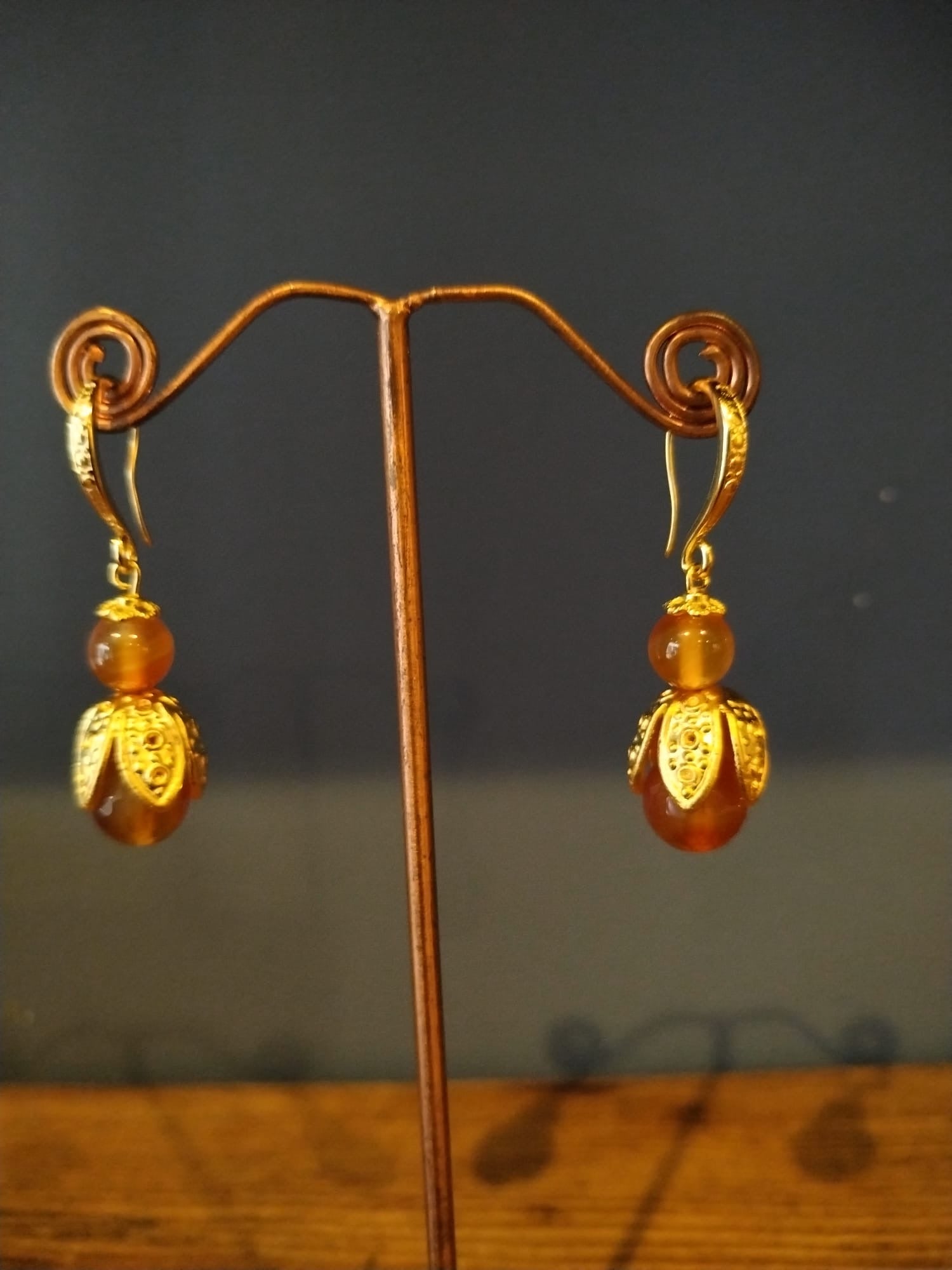 Orange Carnelian & Gold Bud Earrings