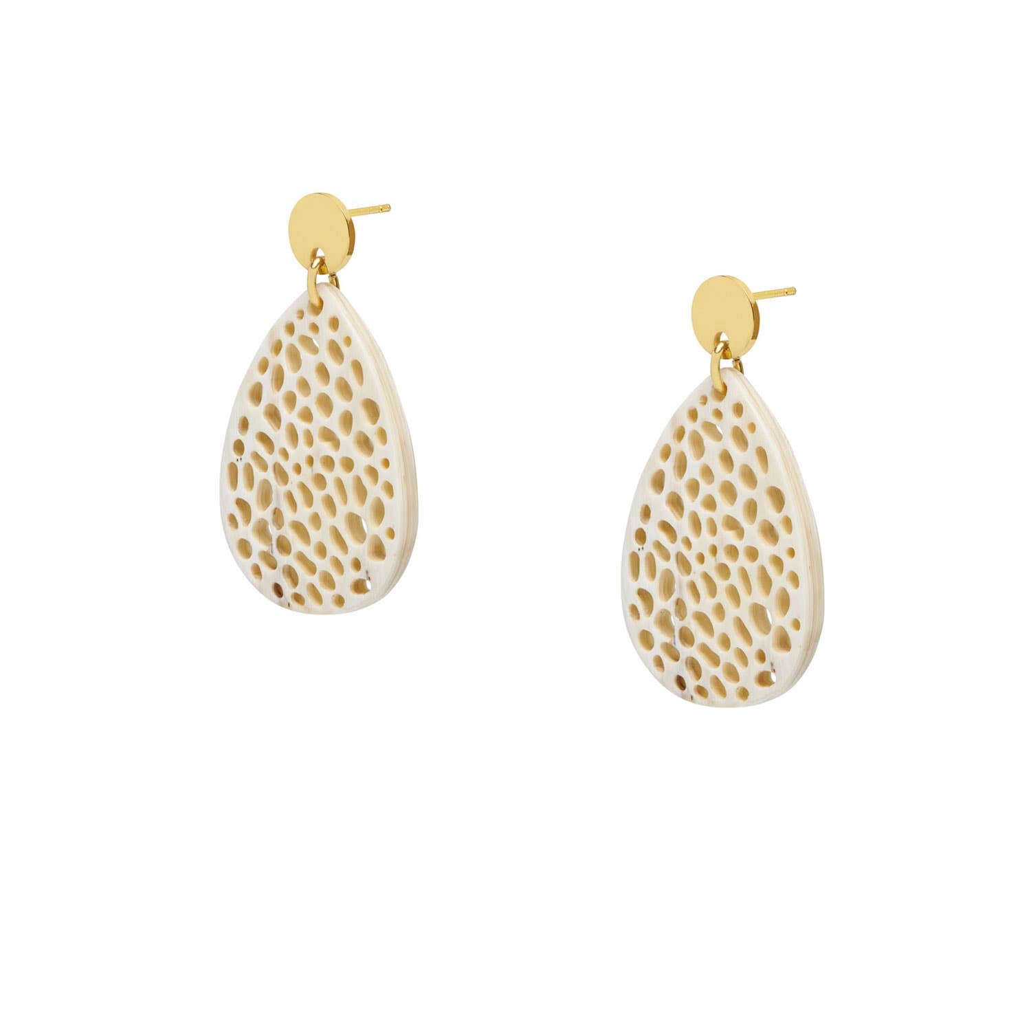 Pair of gold and white teardrop earrings on a white background